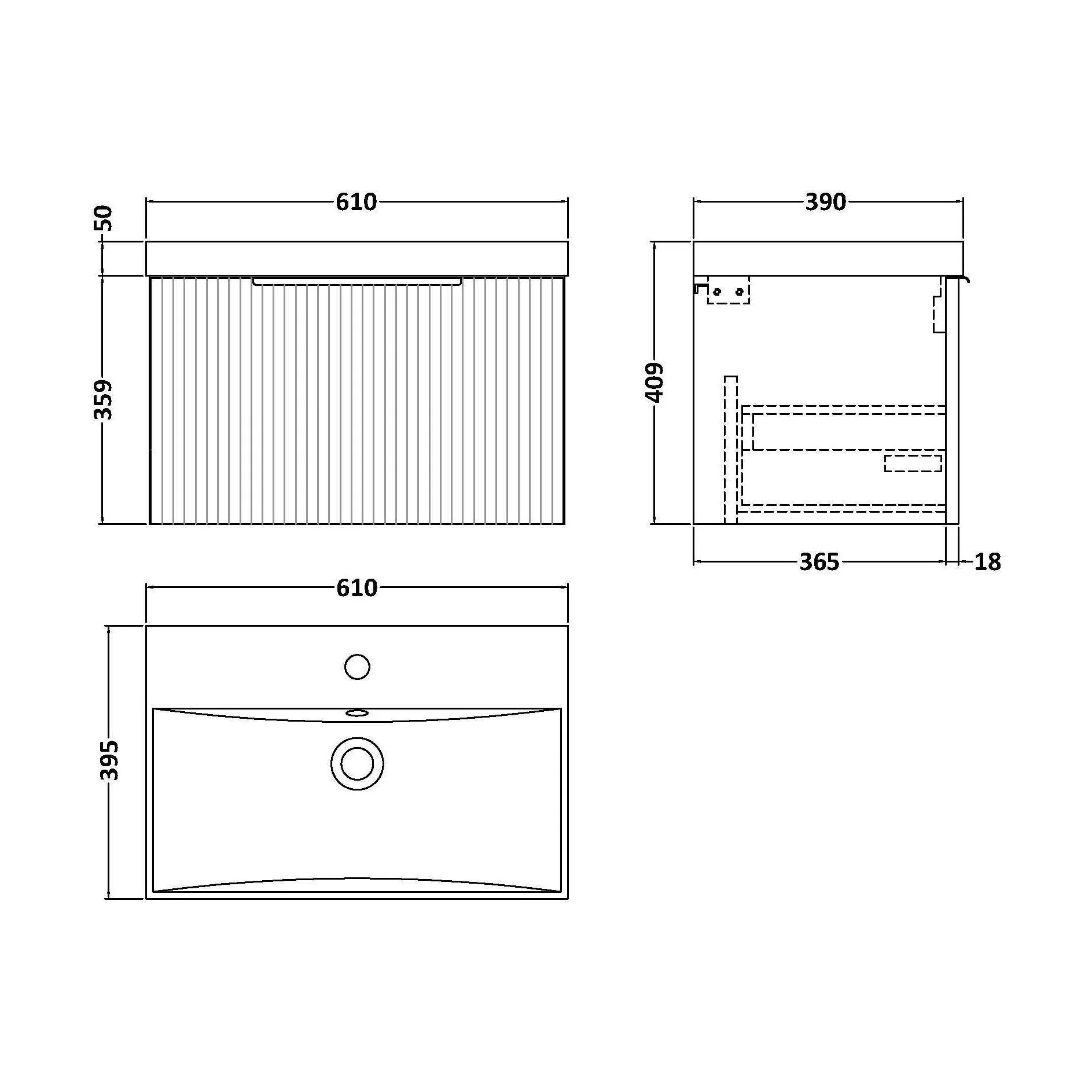 Tixall Fluted 1 Drawer Wall Hung Vanity Unit with Thin Edge Basin, Dark Grey, 600mm - Image 2