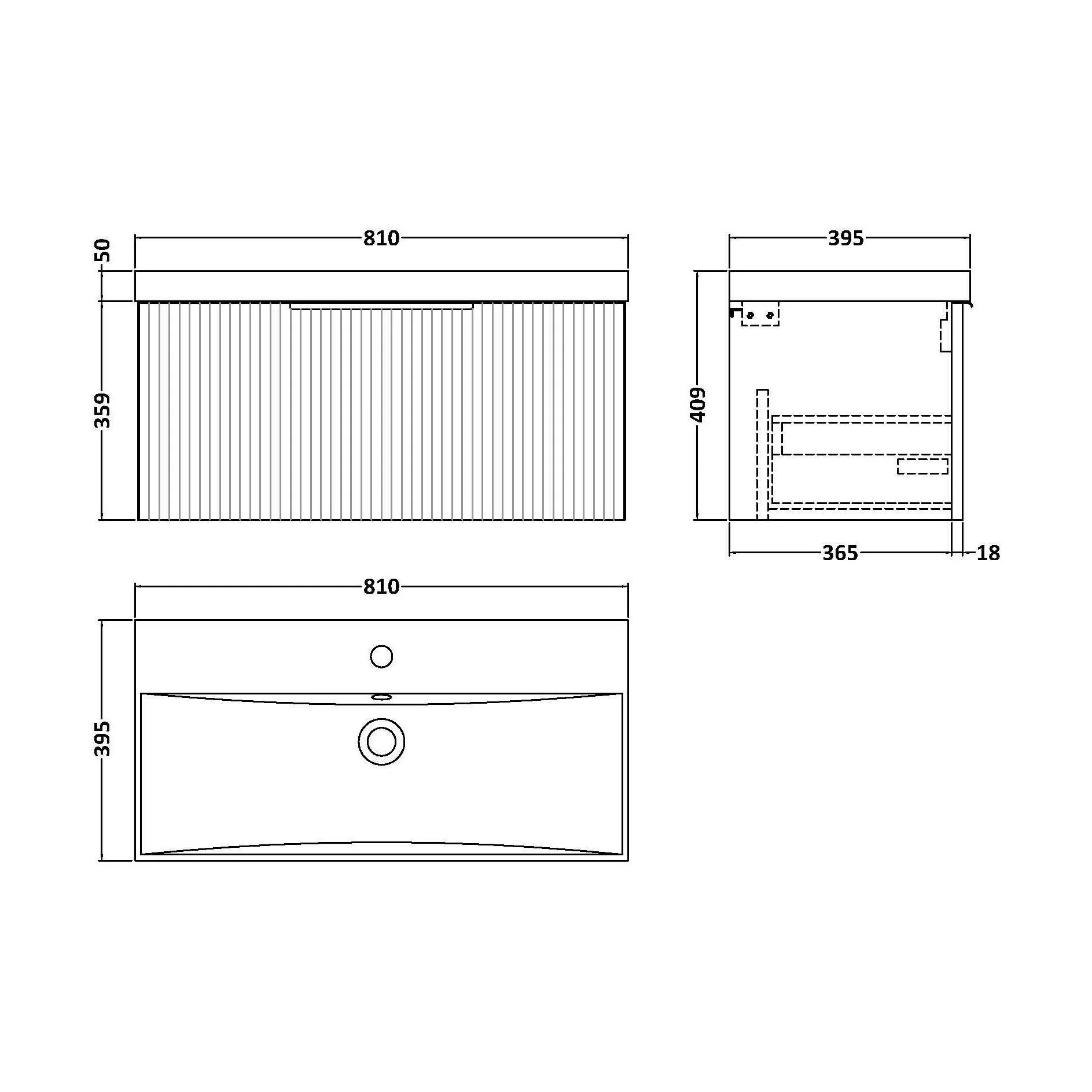Tixall Fluted 1 Drawer Wall Hung Vanity Unit with Thin Edge Basin, Dark Grey, 800mm - Image 2