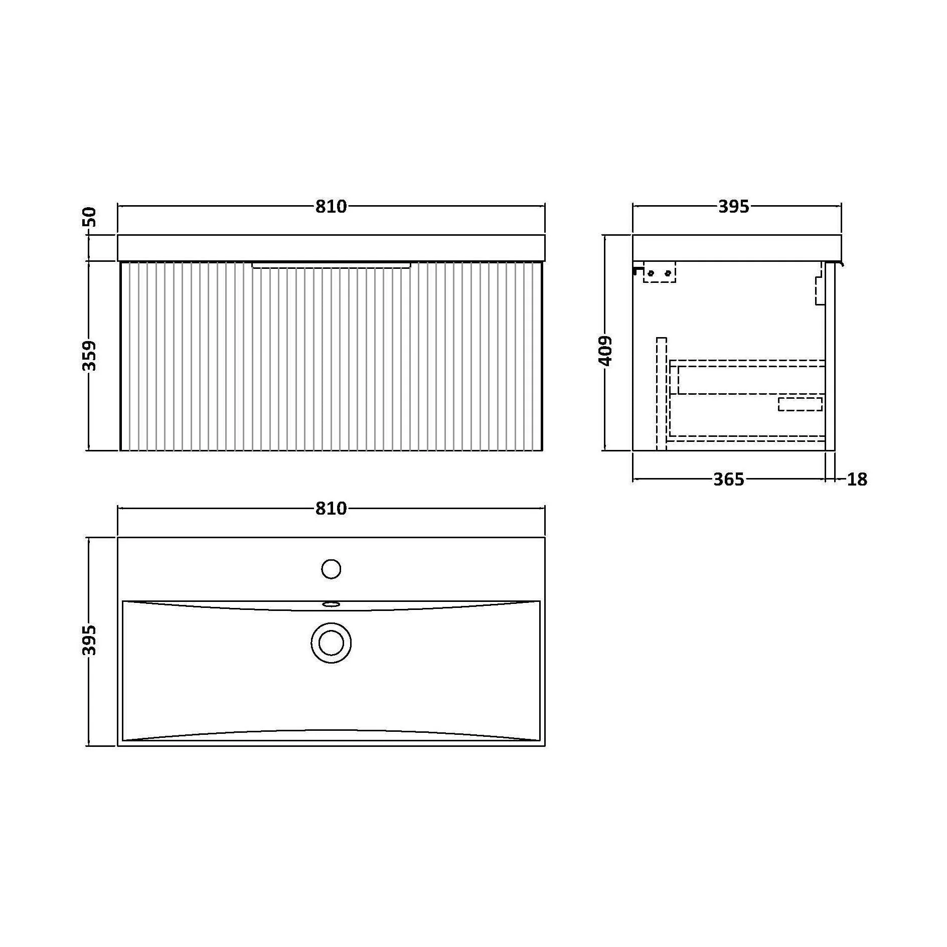 Tixall Fluted 1 Drawer Wall Hung Vanity Unit with Thin Edge Basin, Satin Green, 800mm - Image 2