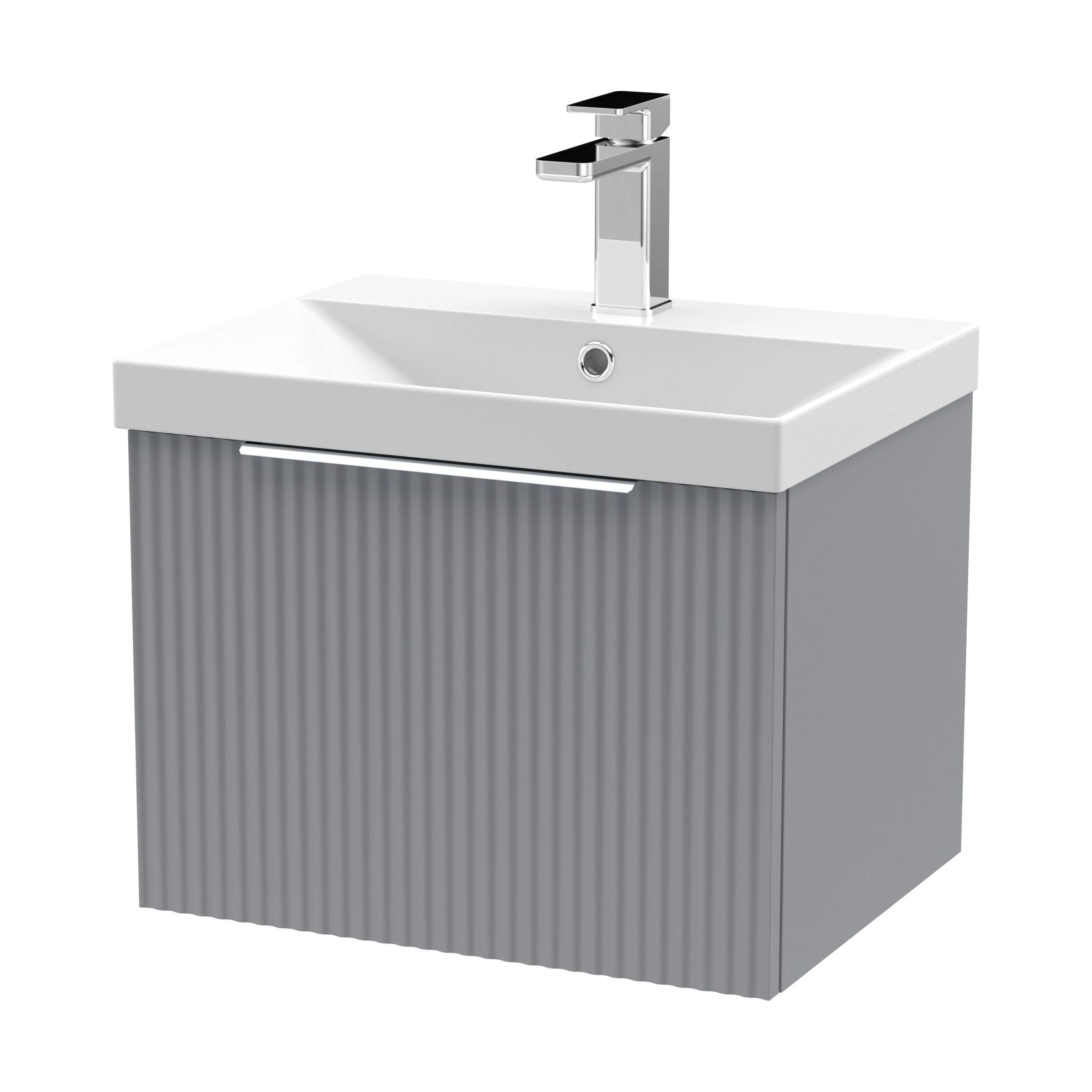 Tixall Fluted 1 Drawer Wall Hung Vanity Unit with Thin Edge Basin, Satin Grey, 500mm