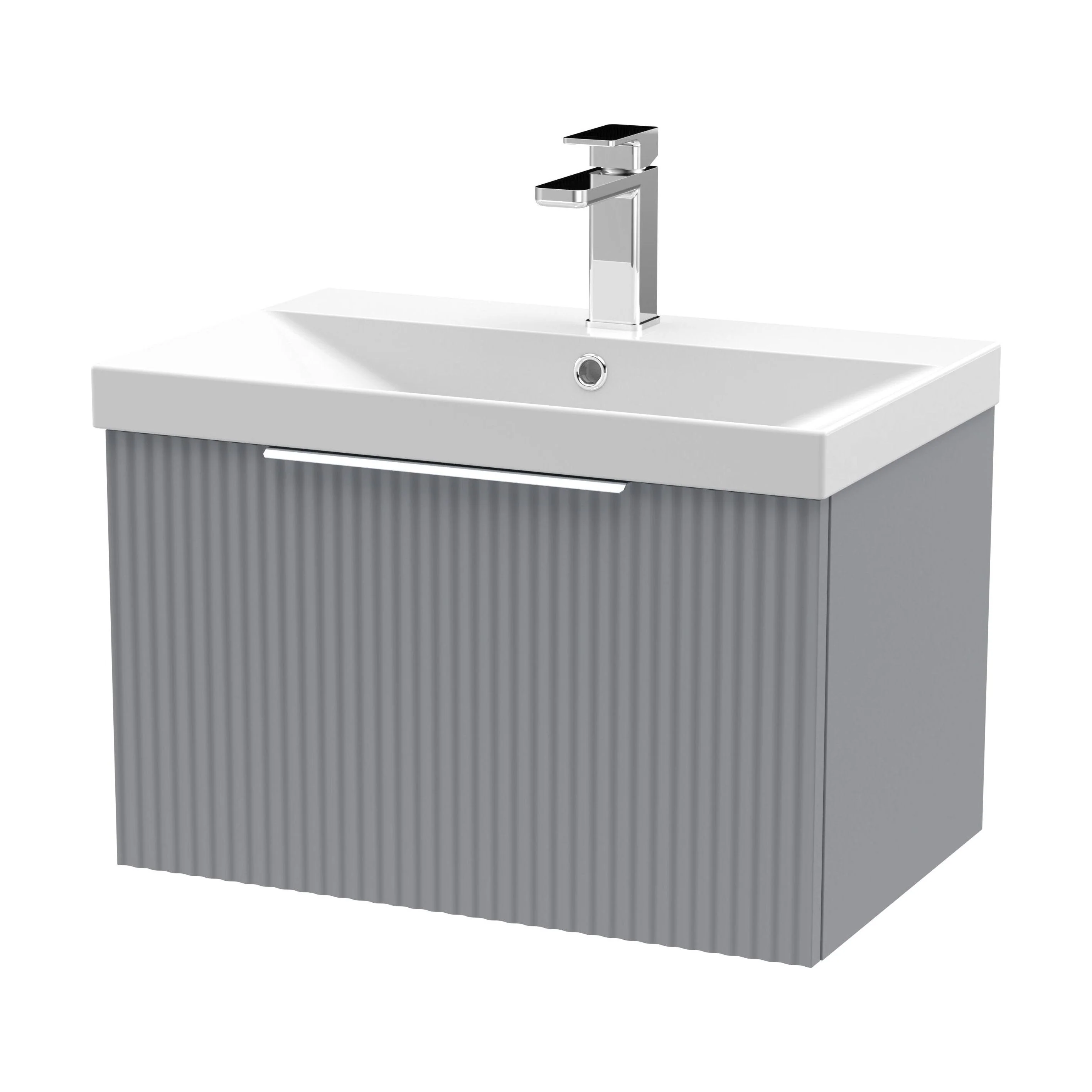 Tixall Fluted 1 Drawer Wall Hung Vanity Unit with Thin Edge Basin, Satin Grey, 600mm
