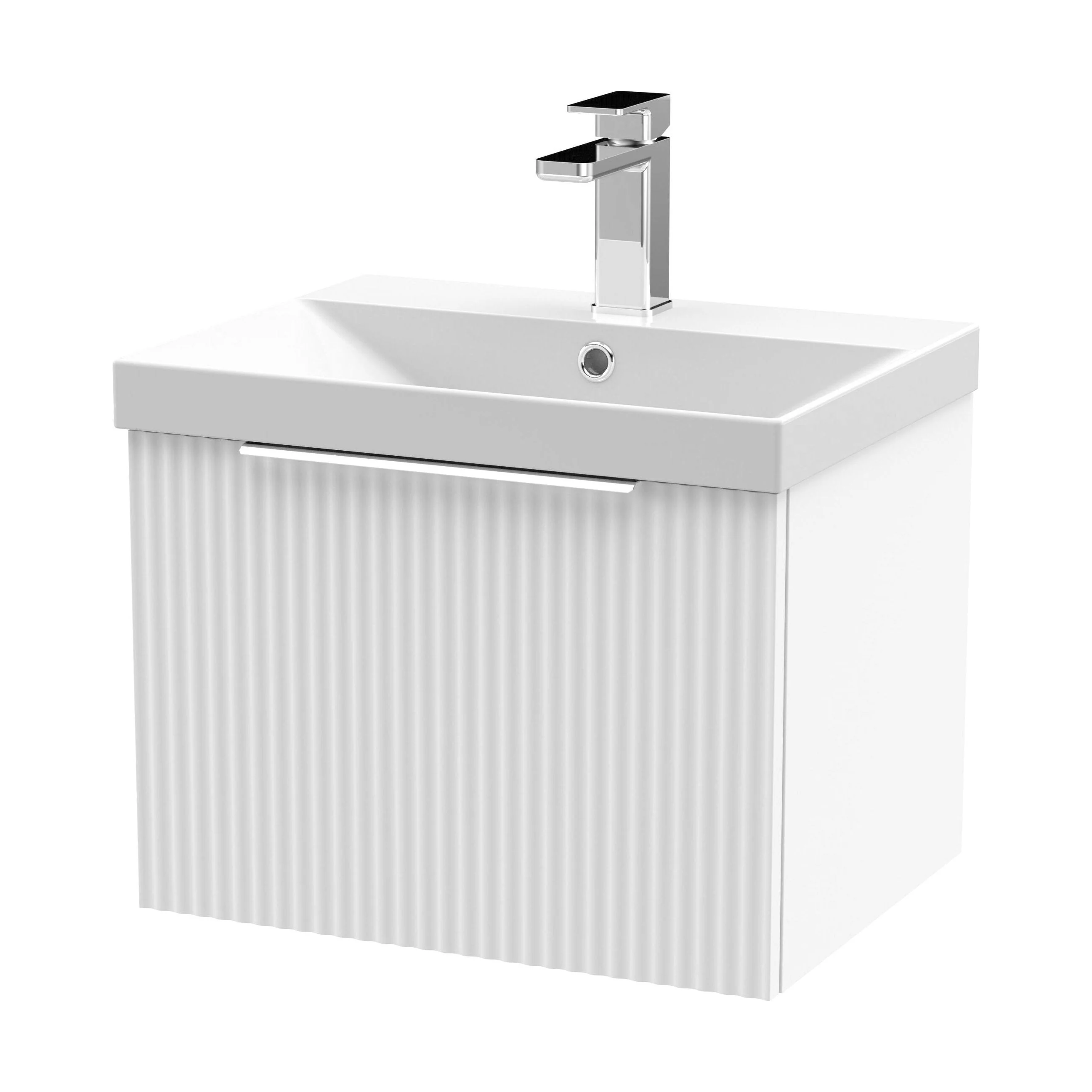 Tixall Fluted 1 Drawer Wall Hung Vanity Unit with Thin Edge Basin, Satin White, 500mm