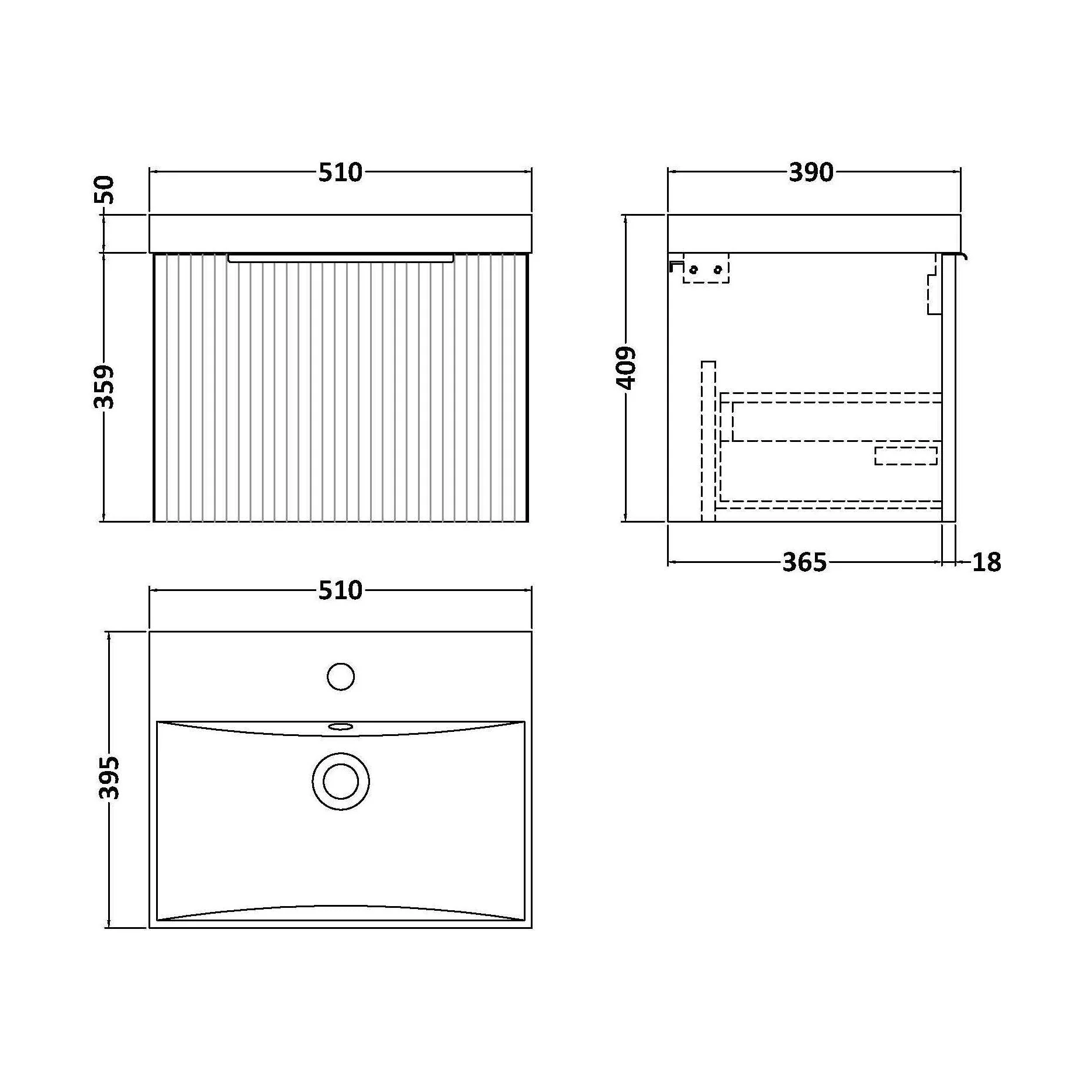 Tixall Fluted 1 Drawer Wall Hung Vanity Unit with Thin Edge Basin, Satin White, 500mm - Image 2