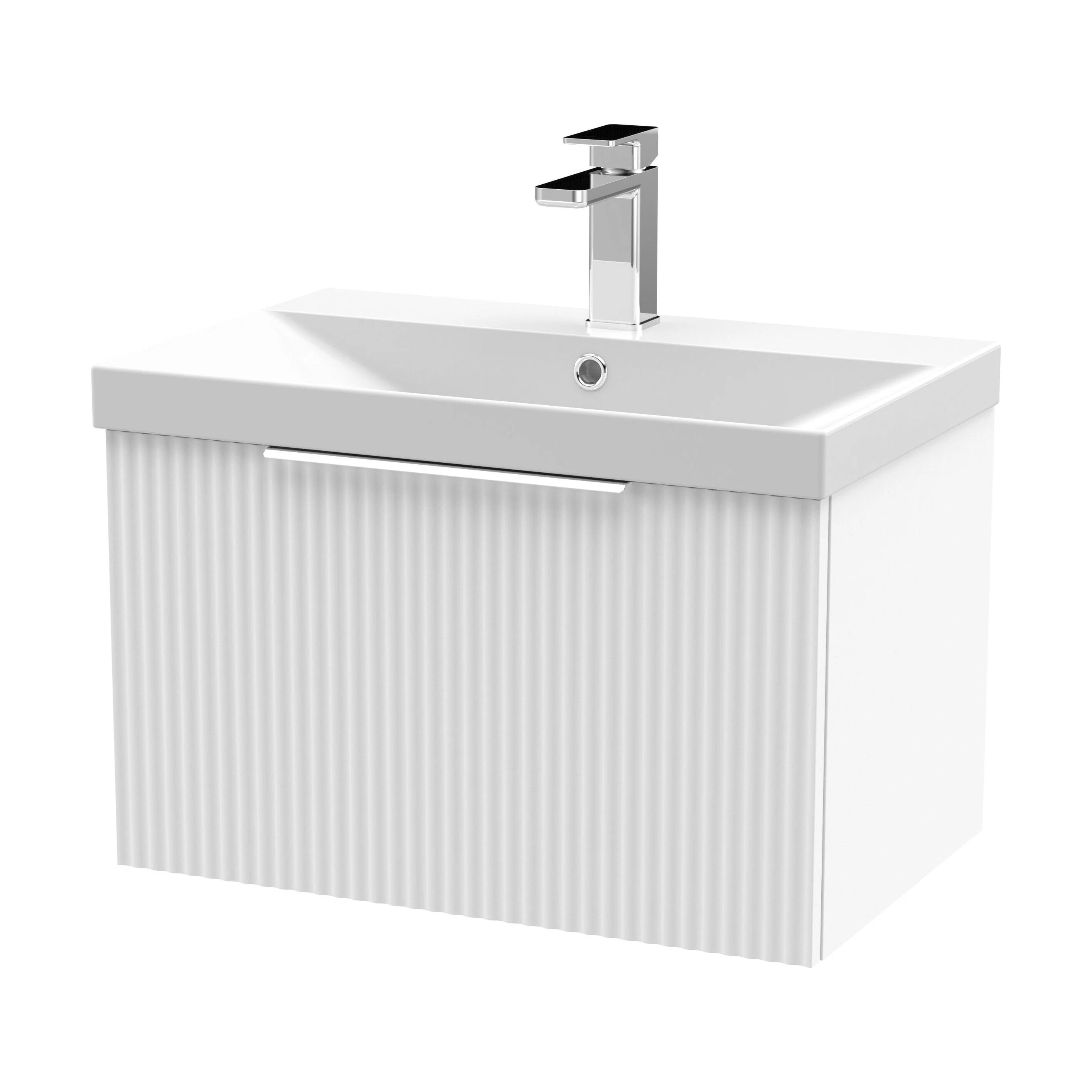 Tixall Fluted 1 Drawer Wall Hung Vanity Unit with Thin Edge Basin, Satin White, 600mm