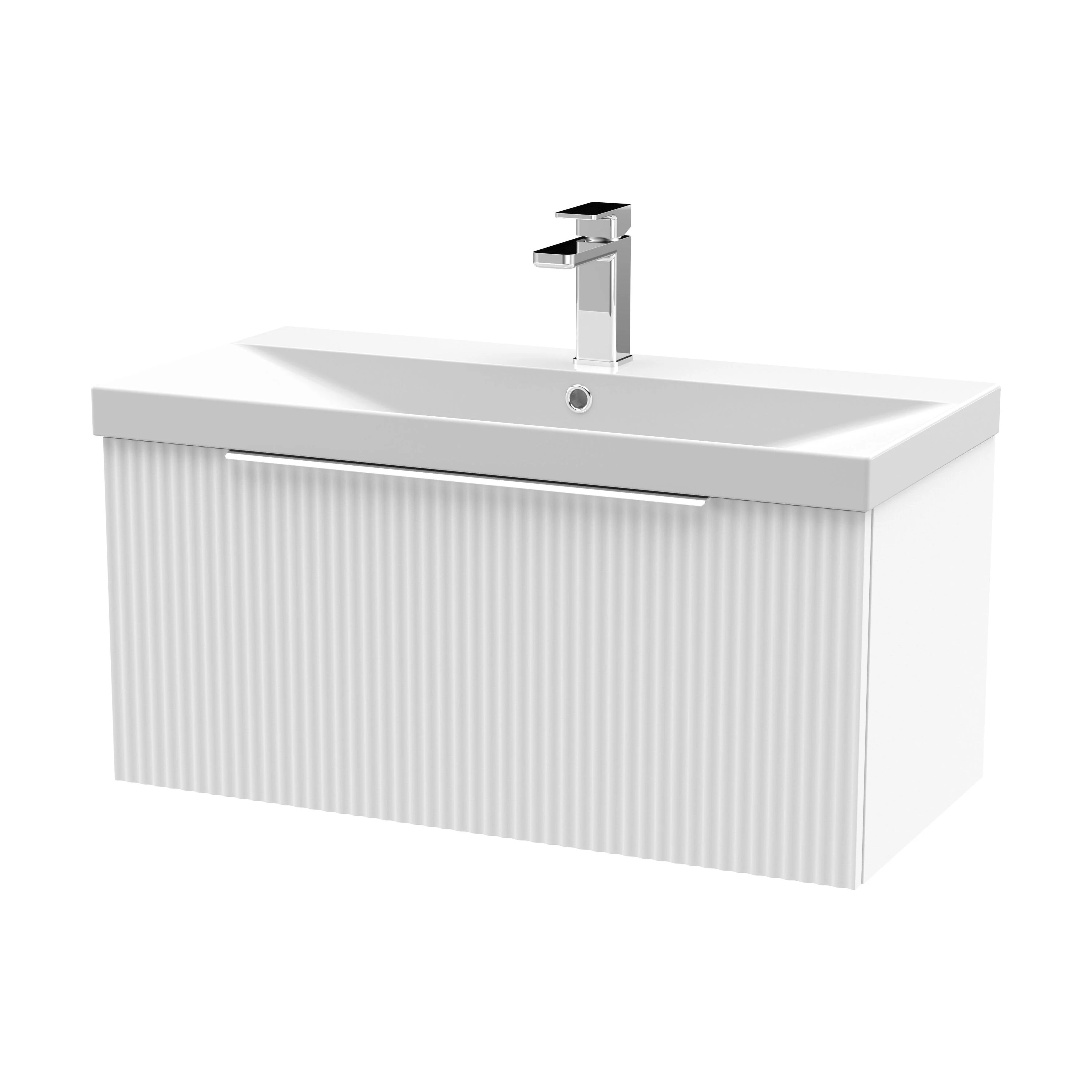 Tixall Fluted 1 Drawer Wall Hung Vanity Unit with Thin Edge Basin, Satin White, 800mm