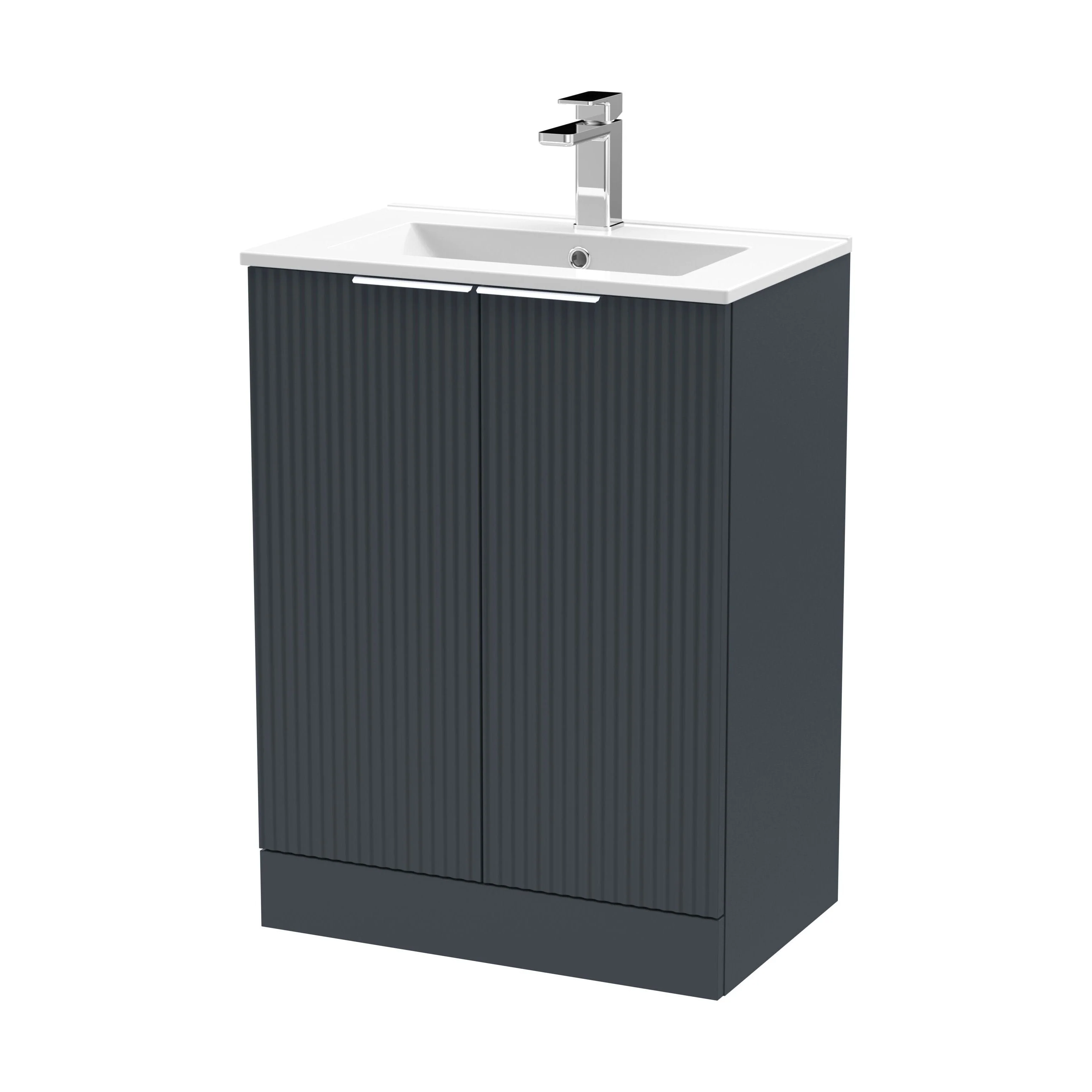 Tixall Fluted 2 Door Floor Standing Vanity Unit with Minimalist Basin, Dark Grey, 600mm