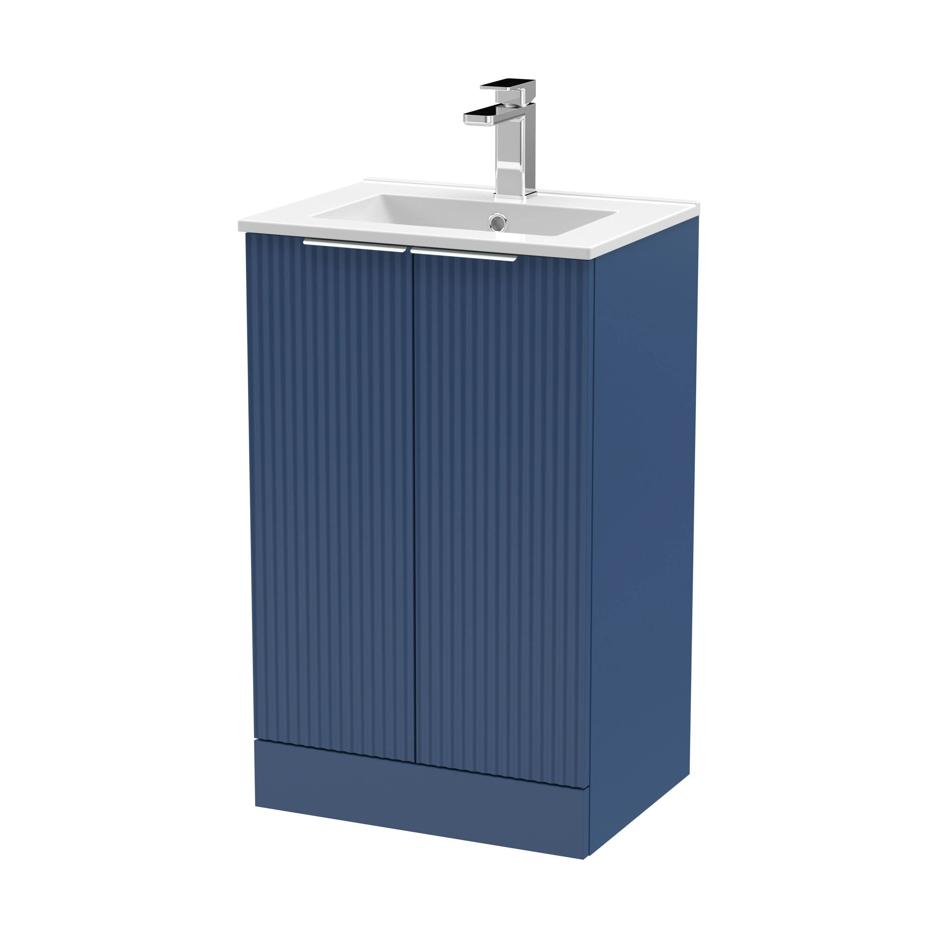 Tixall Fluted 2 Door Floor Standing Vanity Unit with Minimalist Basin, Satin Blue, 500mm