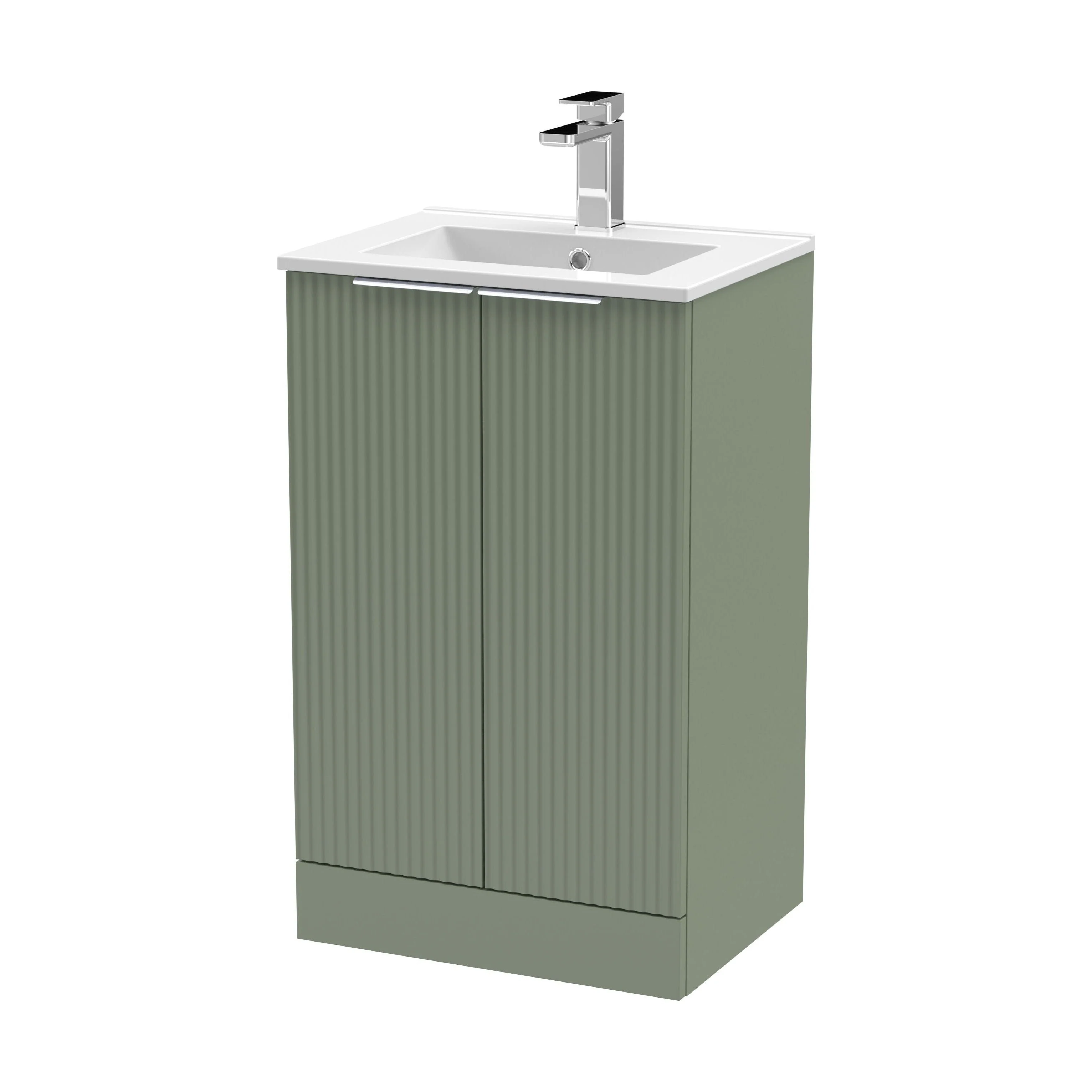 Tixall Fluted 2 Door Floor Standing Vanity Unit with Minimalist Basin, Satin Green, 500mm