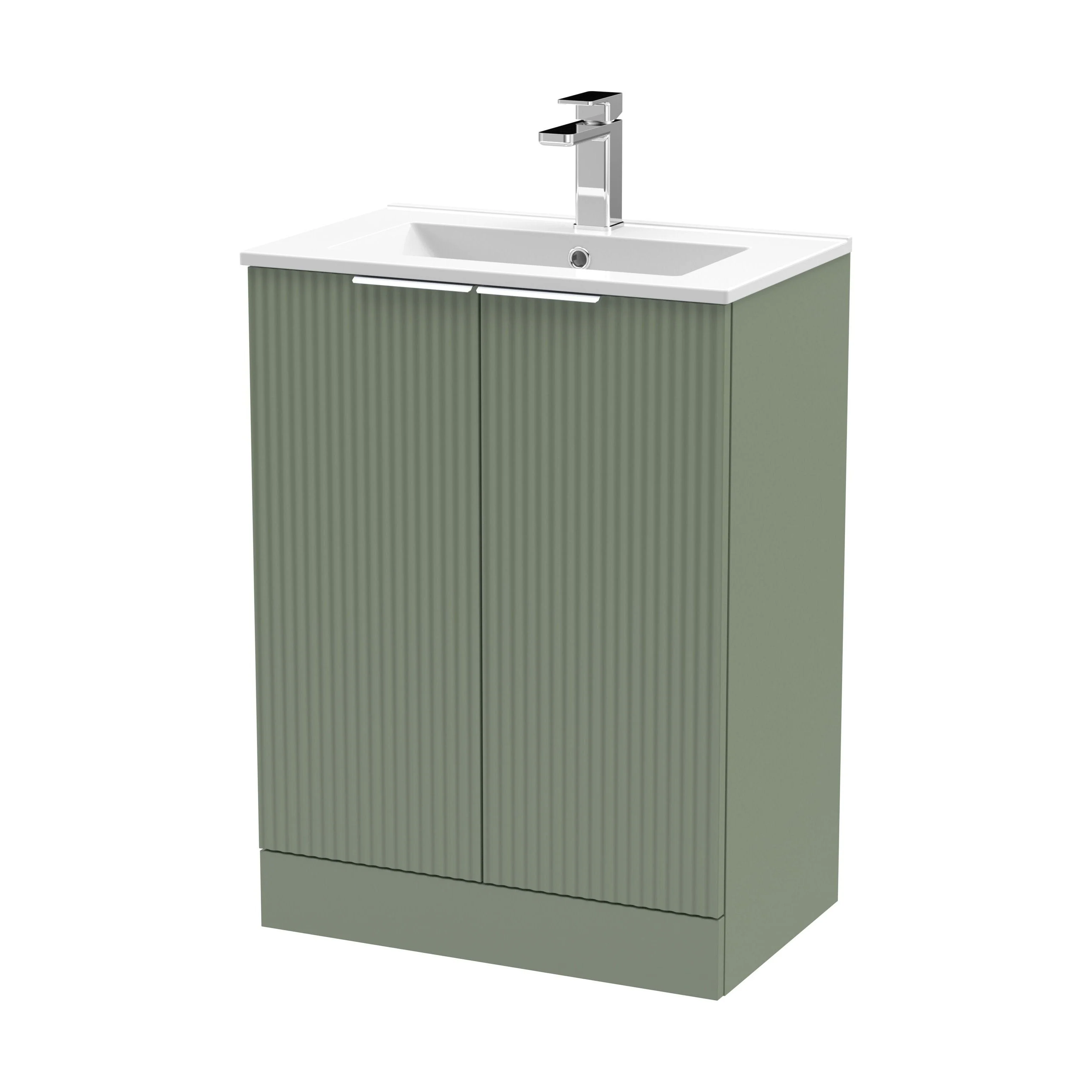 Tixall Fluted 2 Door Floor Standing Vanity Unit with Minimalist Basin, Satin Green, 600mm
