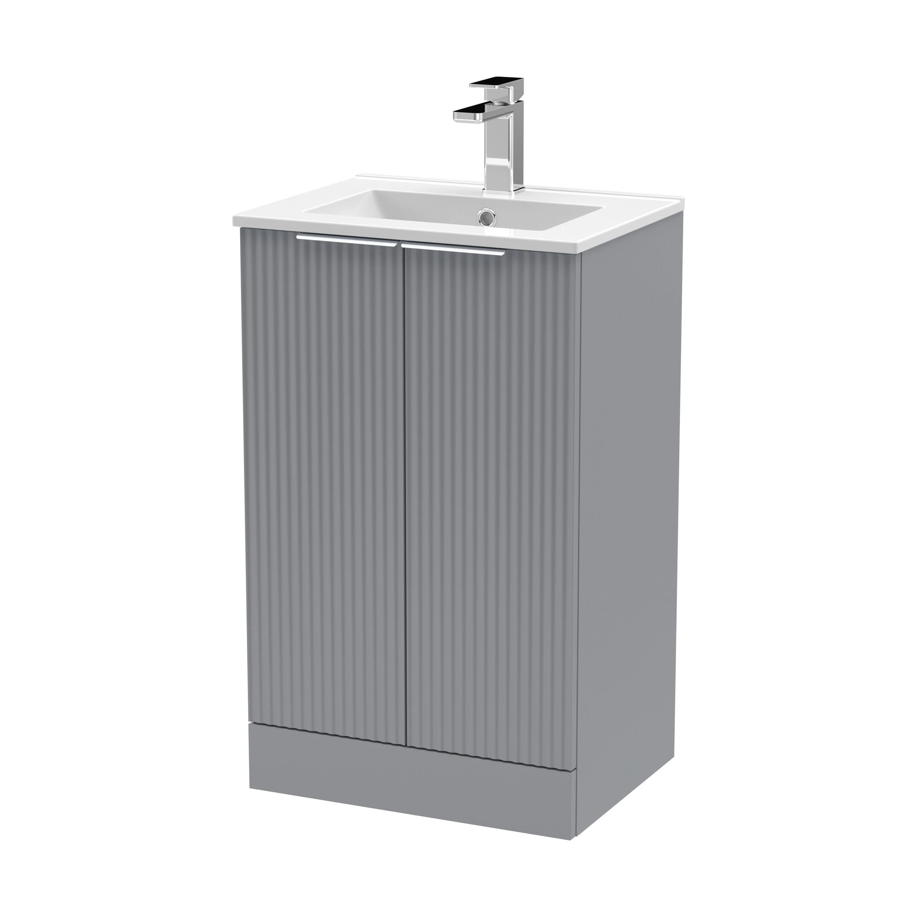 Tixall Fluted 2 Door Floor Standing Vanity Unit with Minimalist Basin, Satin Grey, 500mm