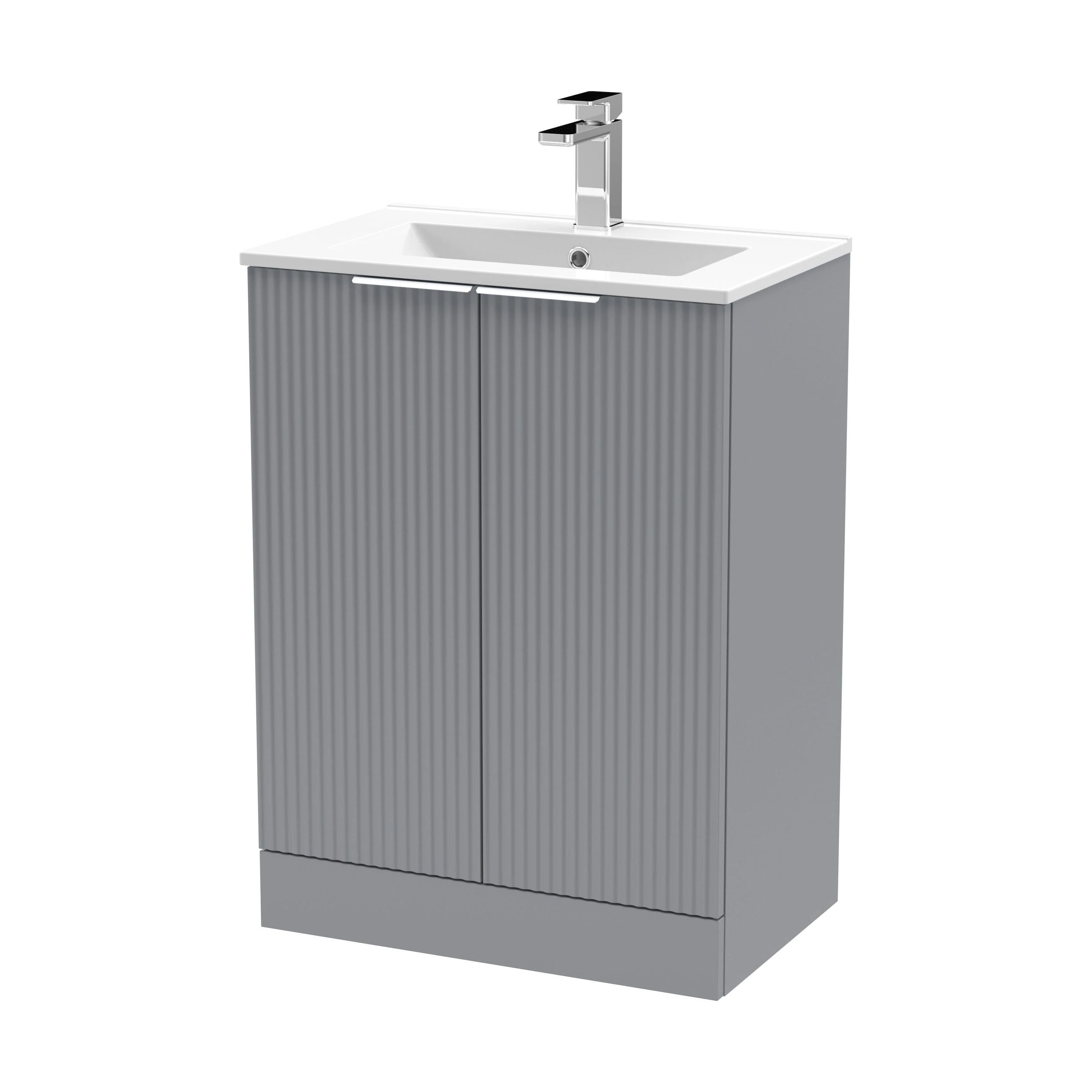 Tixall Fluted 2 Door Floor Standing Vanity Unit with Minimalist Basin, Satin Grey, 600mm