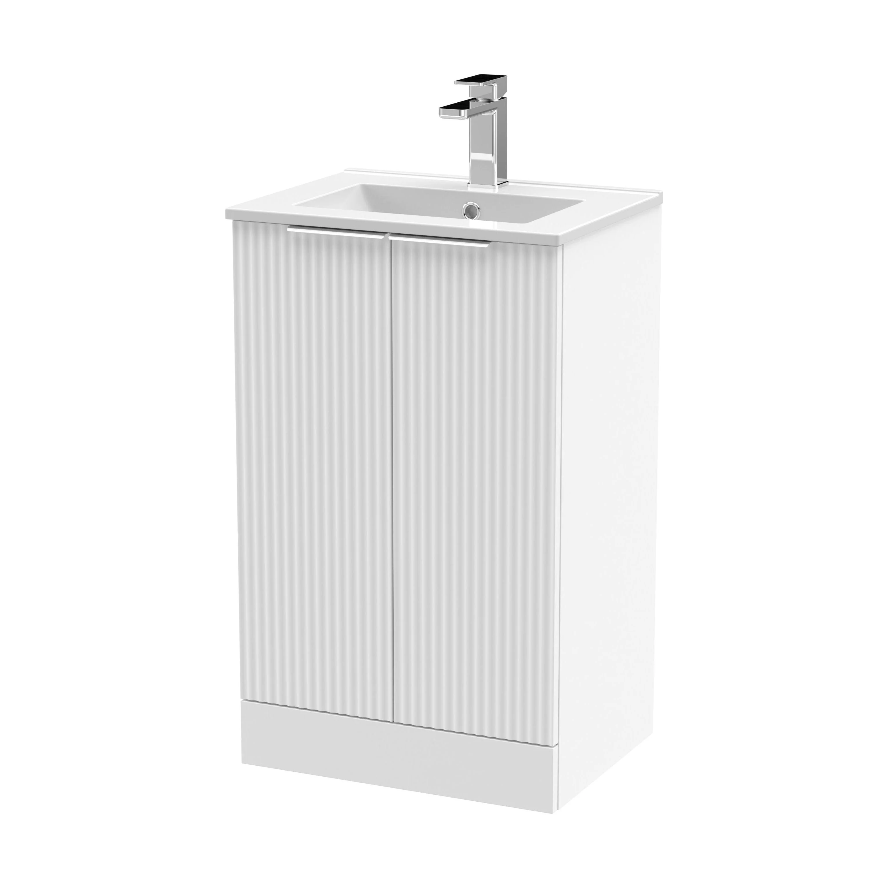 Tixall Fluted 2 Door Floor Standing Vanity Unit with Minimalist Basin, Satin White, 500mm