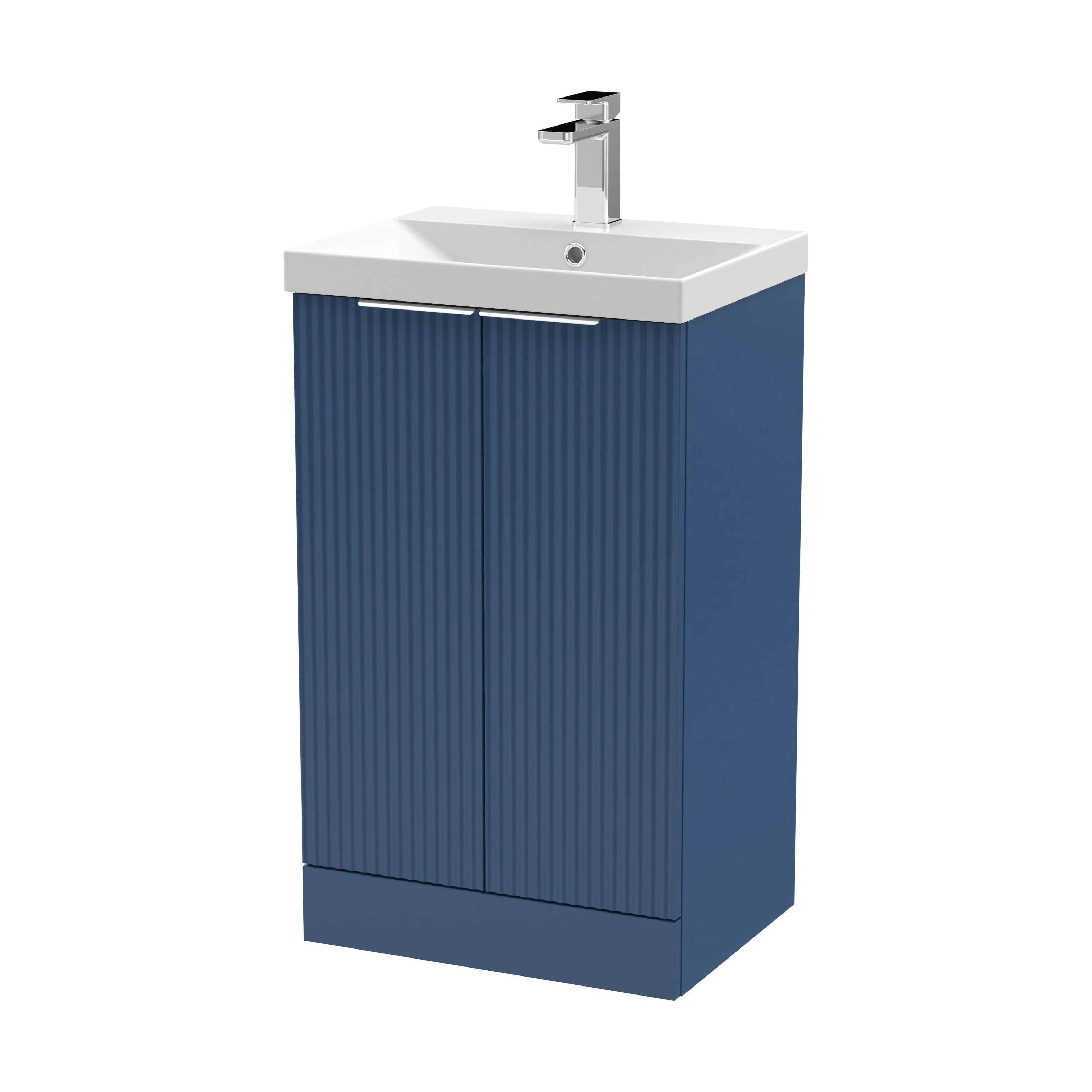Tixall Fluted 2 Door Floor Standing Vanity Unit with Thin Edge Basin, Satin Blue, 500mm