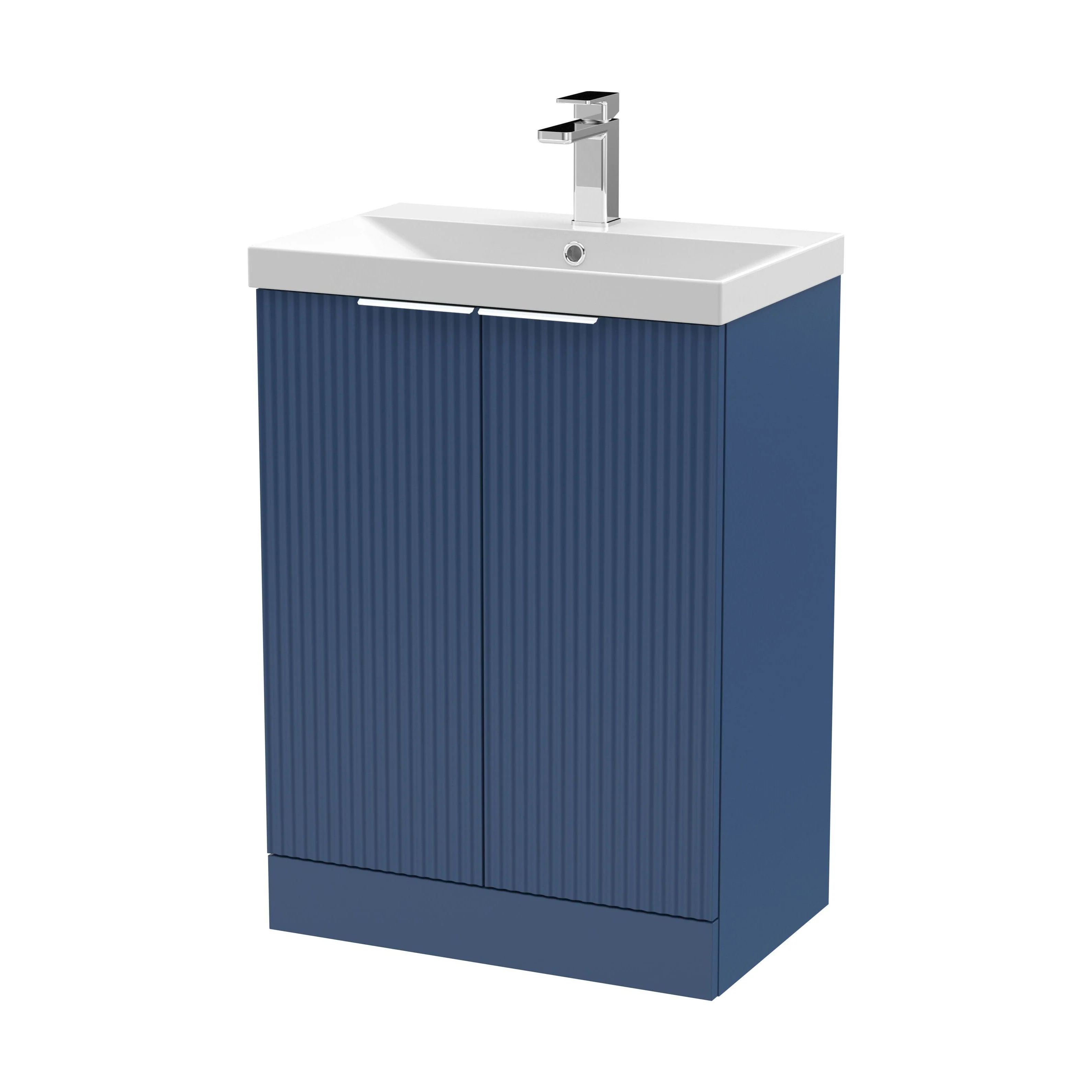 Tixall Fluted 2 Door Floor Standing Vanity Unit with Thin Edge Basin, Satin Blue, 600mm