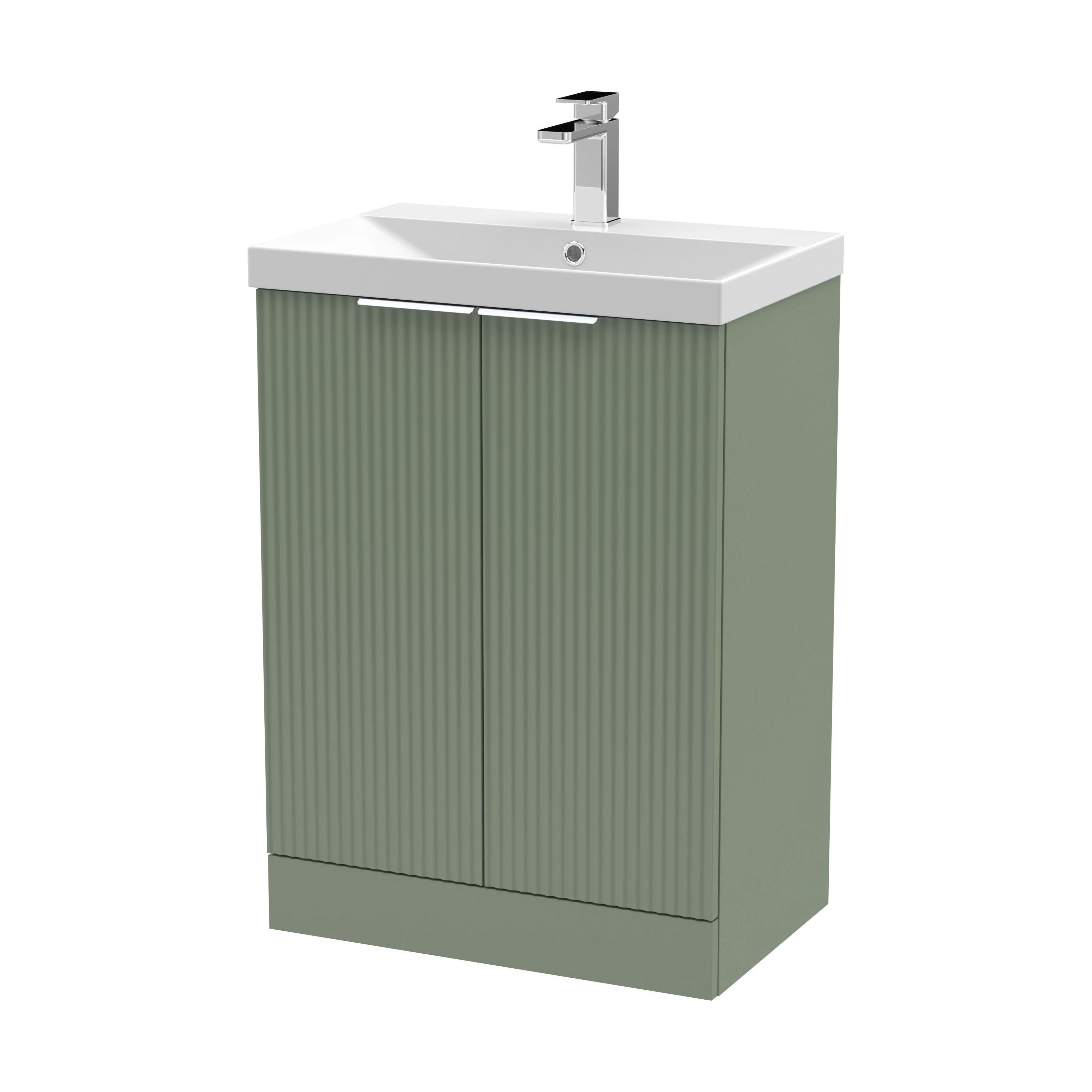 Tixall Fluted 2 Door Floor Standing Vanity Unit with Thin Edge Basin, Satin Green, 600mm