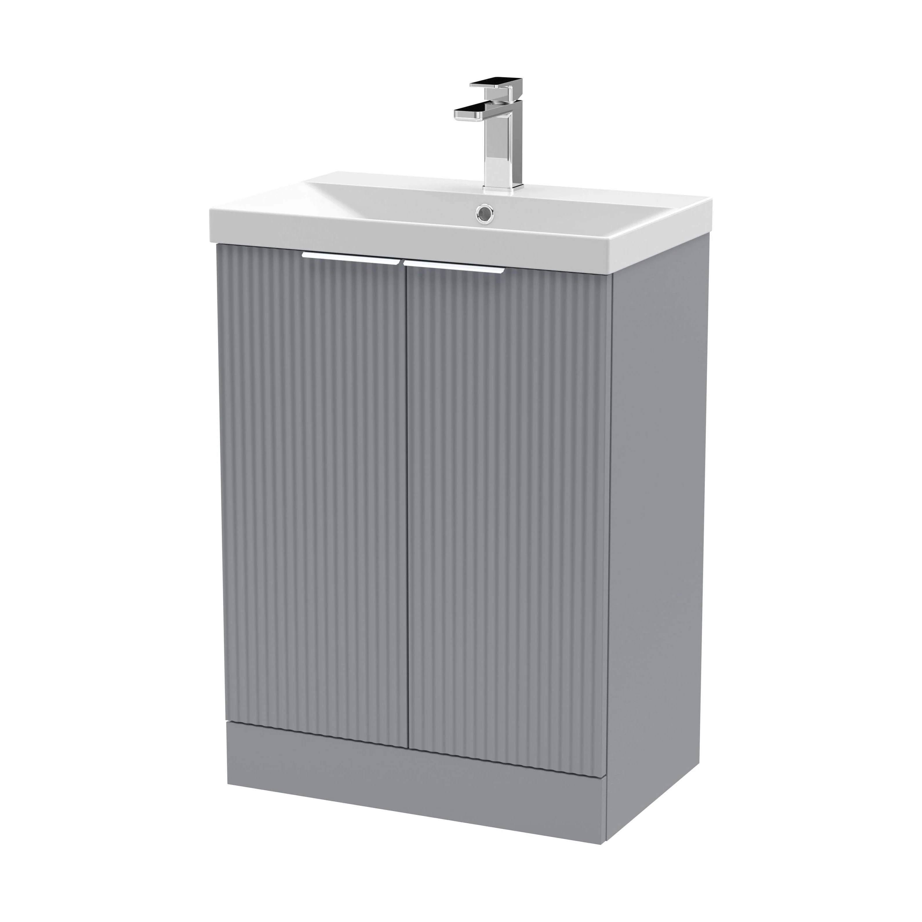 Tixall Fluted 2 Door Floor Standing Vanity Unit with Thin Edge Basin, Satin Grey, 600mm