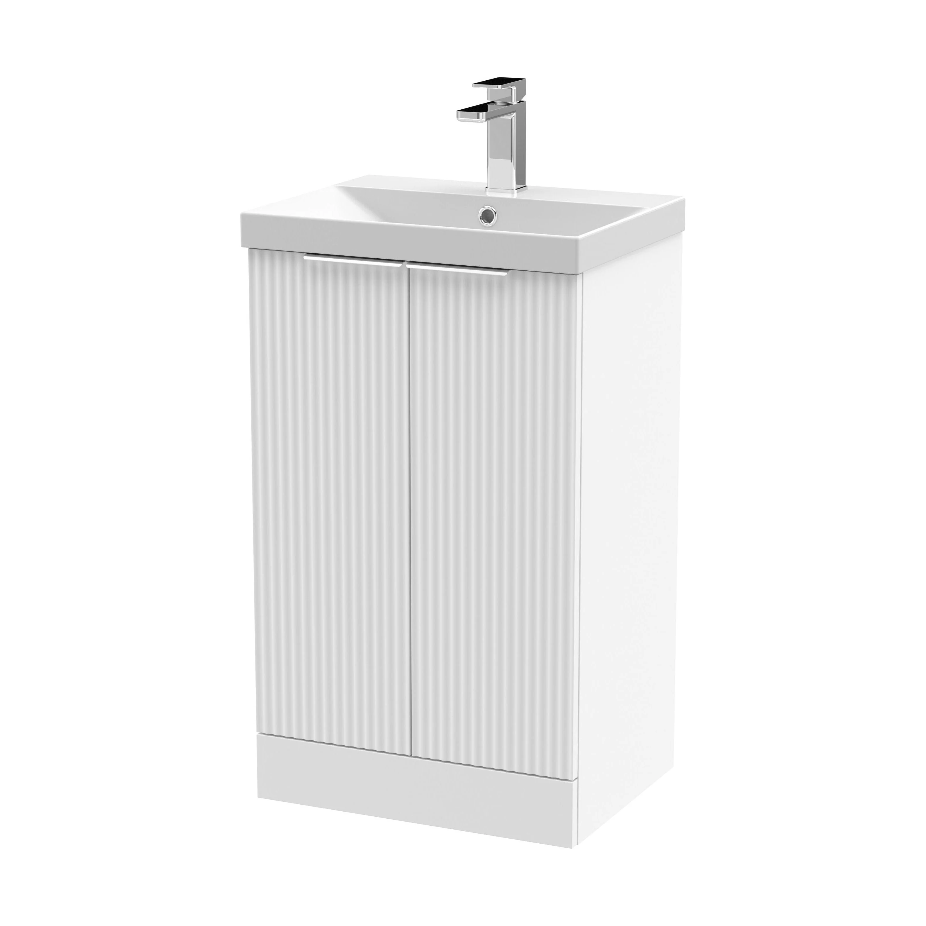 Tixall Fluted 2 Door Floor Standing Vanity Unit with Thin Edge Basin, Satin White, 500mm