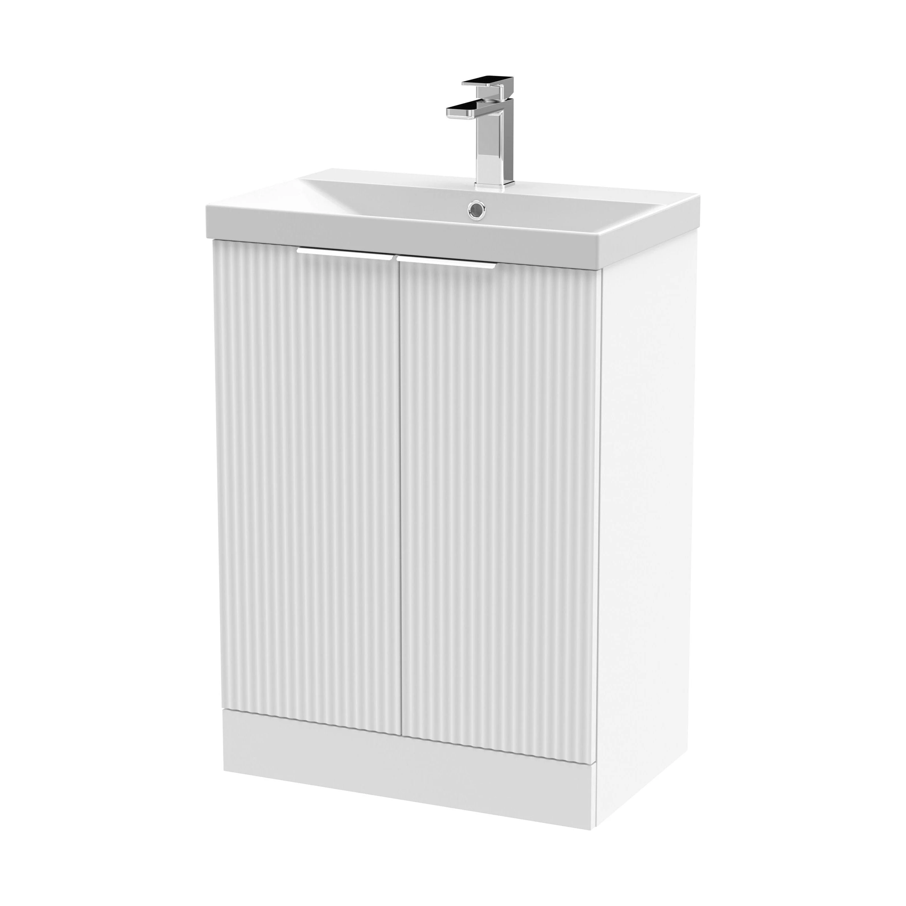 Tixall Fluted 2 Door Floor Standing Vanity Unit with Thin Edge Basin, Satin White, 600mm