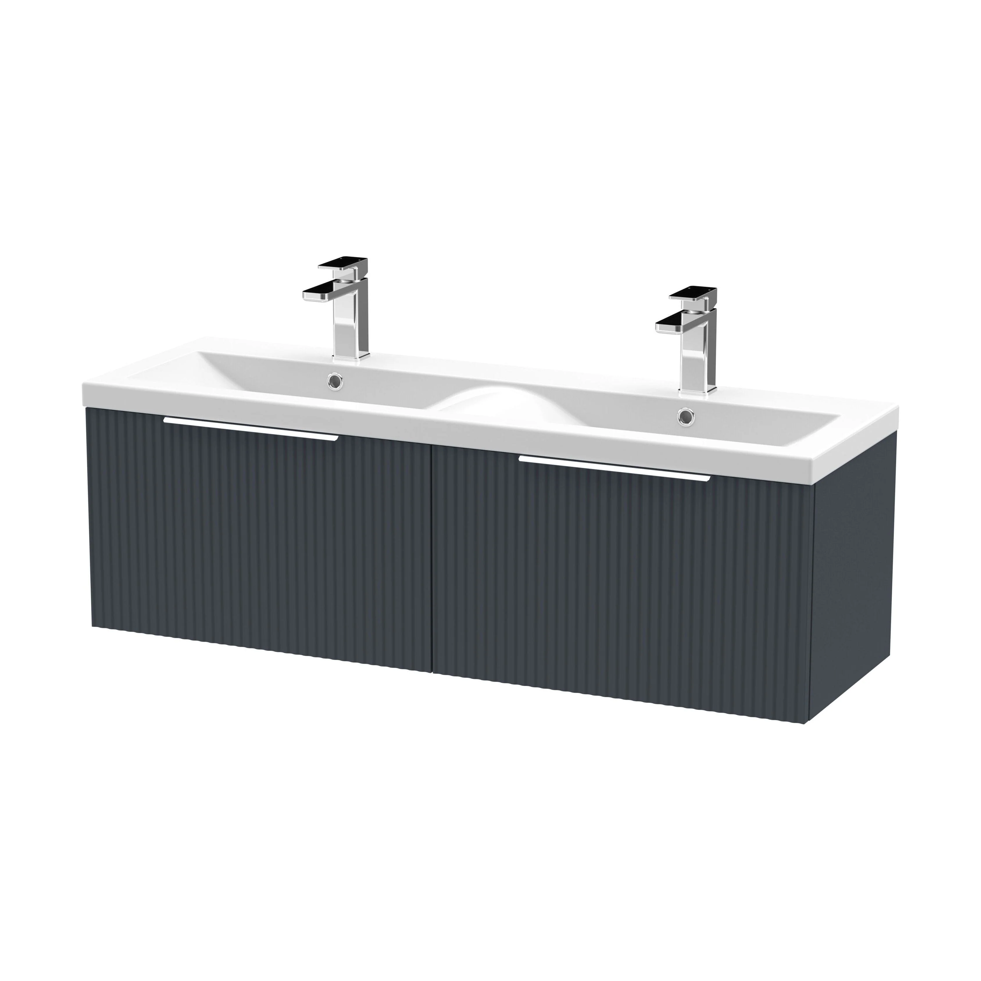 Tixall Fluted 2 Drawer Wall Hung Vanity Unit with Double Basin, Dark Grey, 1200mm