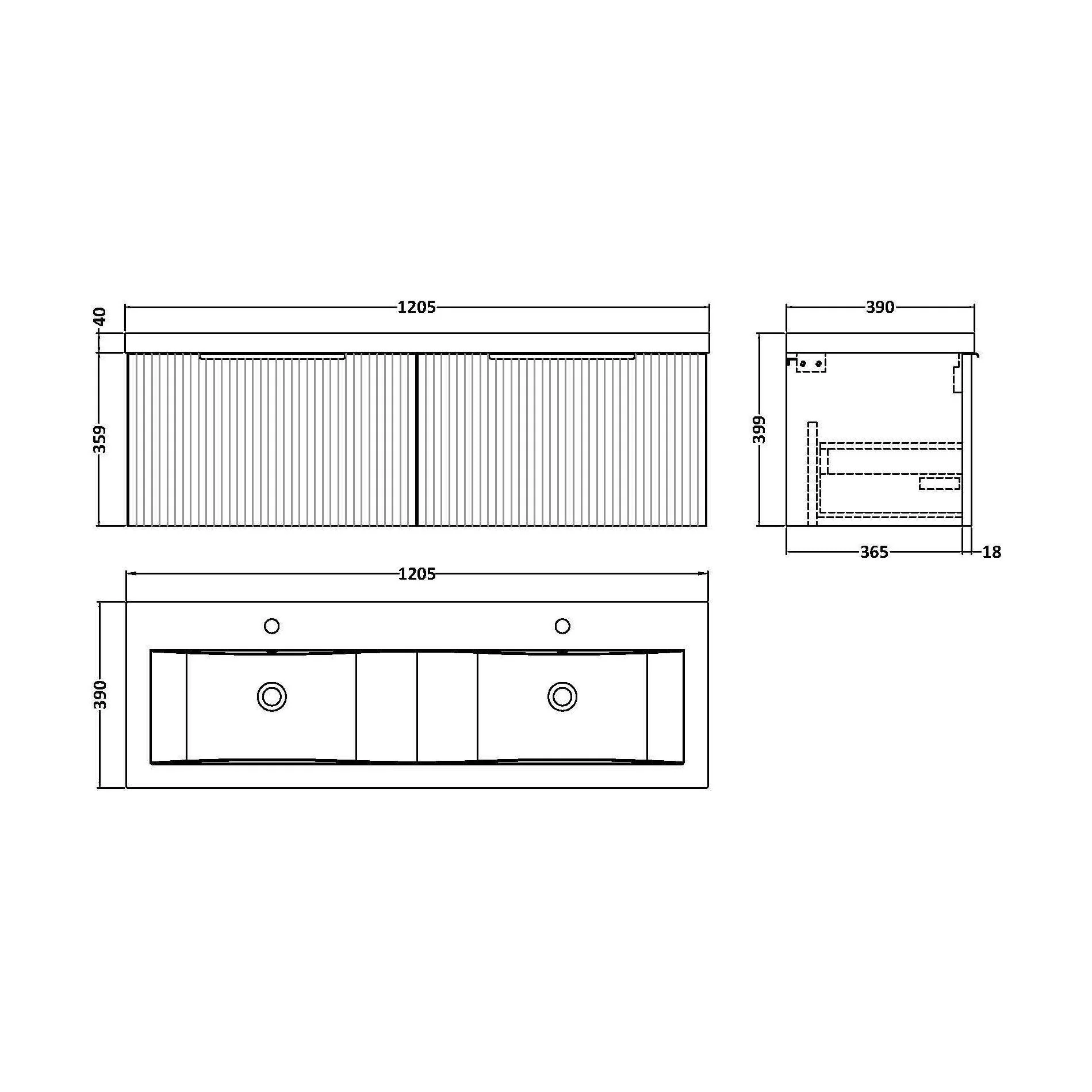 Tixall Fluted 2 Drawer Wall Hung Vanity Unit with Double Basin, Satin Blue, 1200mm - Image 2
