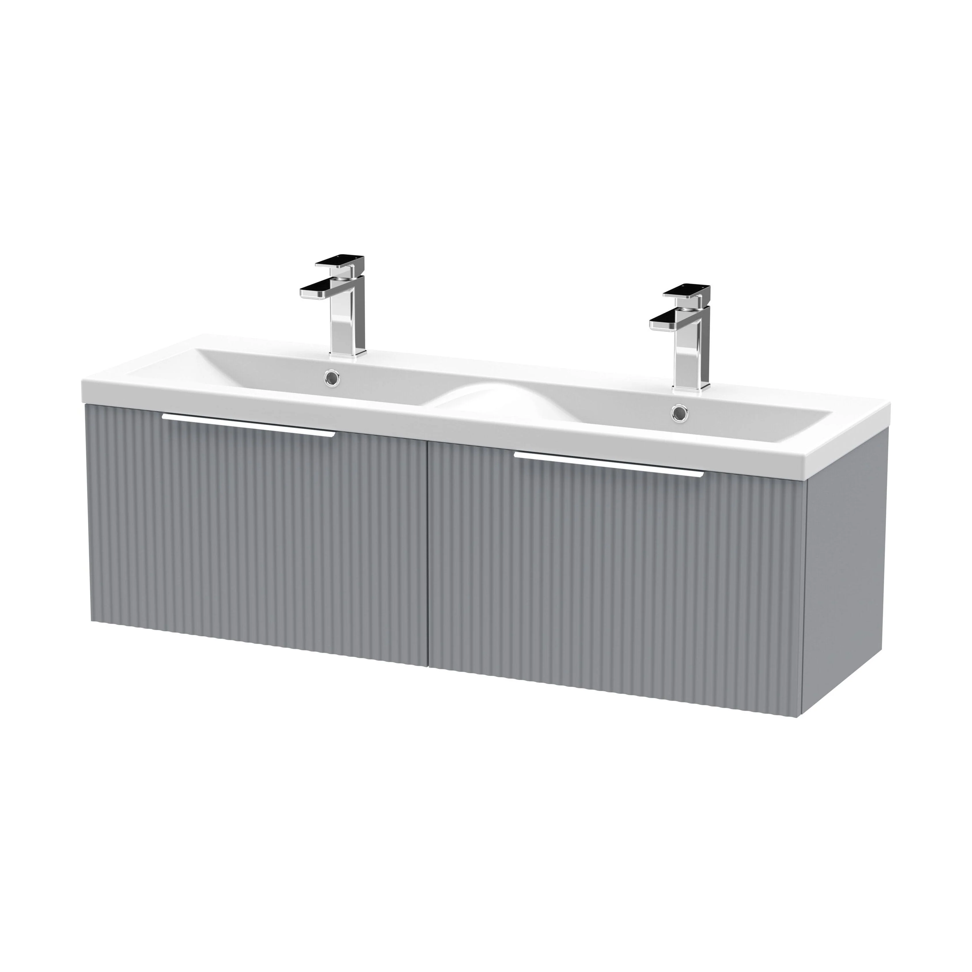 Tixall Fluted 2 Drawer Wall Hung Vanity Unit with Double Basin, Satin Grey, 1200mm