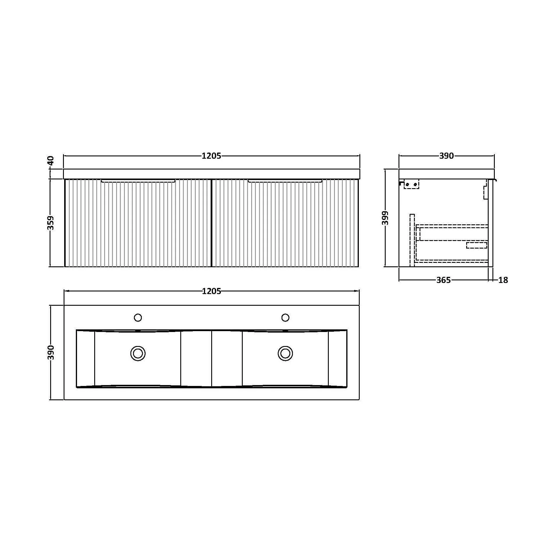Tixall Fluted 2 Drawer Wall Hung Vanity Unit with Double Basin, Satin Grey, 1200mm - Image 2