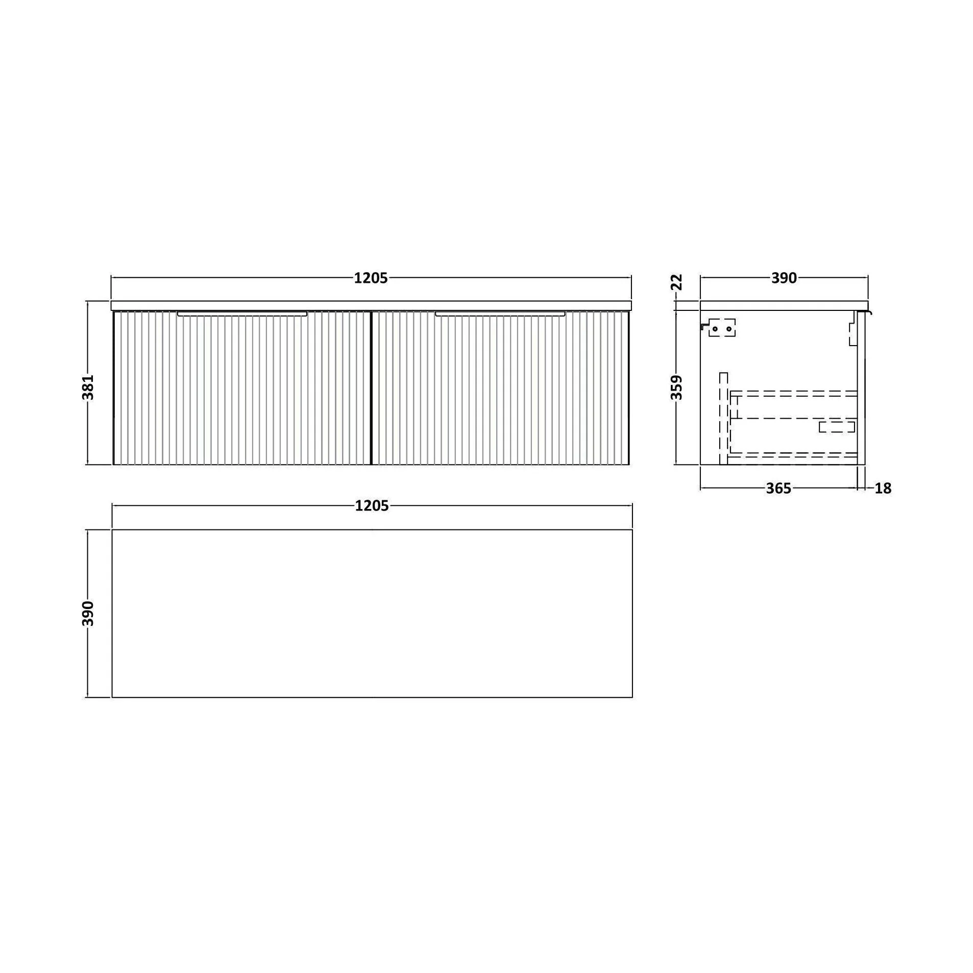 Tixall Fluted 2 Drawer Wall Hung Vanity Unit with Laminate Worktop, Satin Blue, 1200mm - Image 2