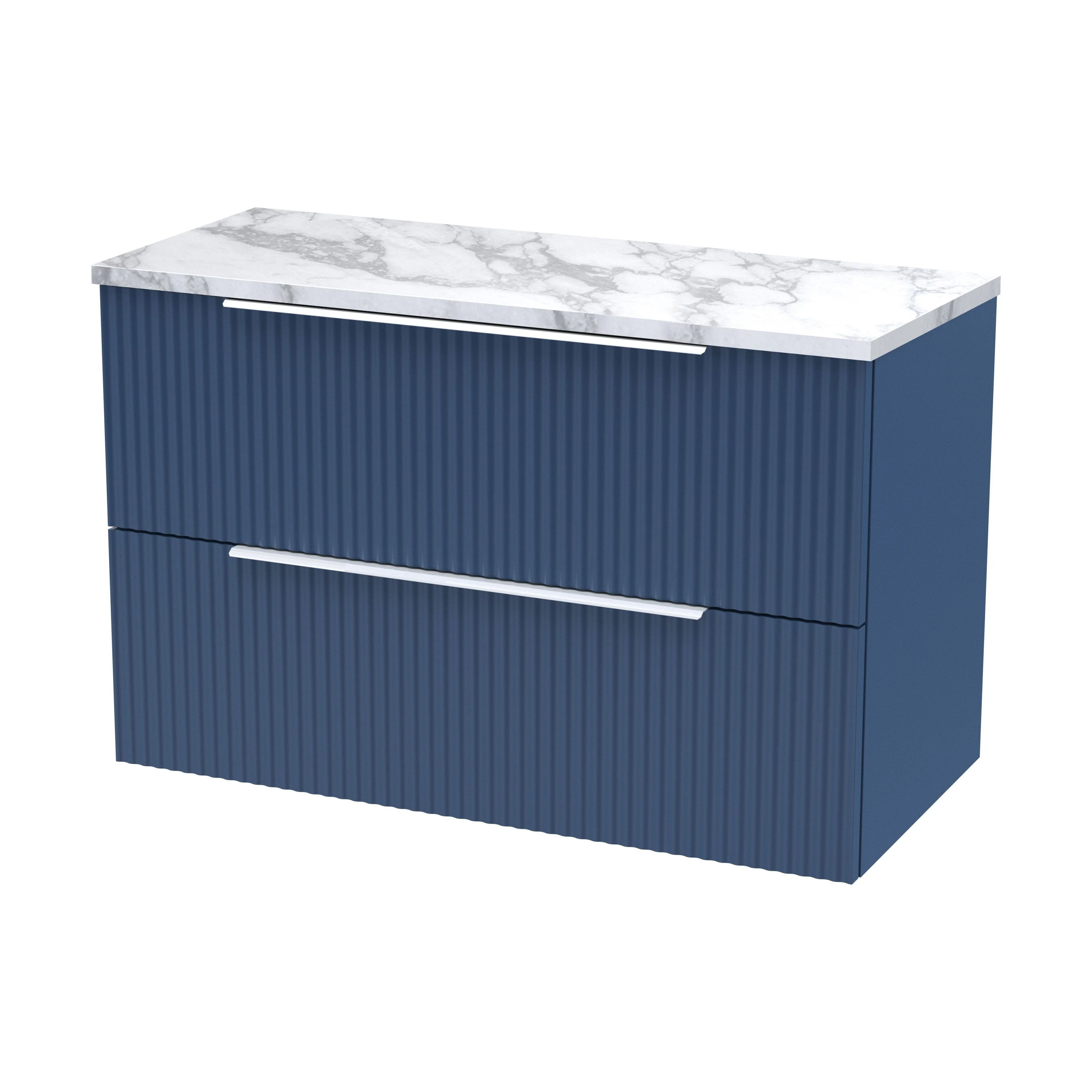 Tixall Fluted 2 Drawer Wall Hung Vanity Unit with Laminate Worktop, Satin Blue, 800mm