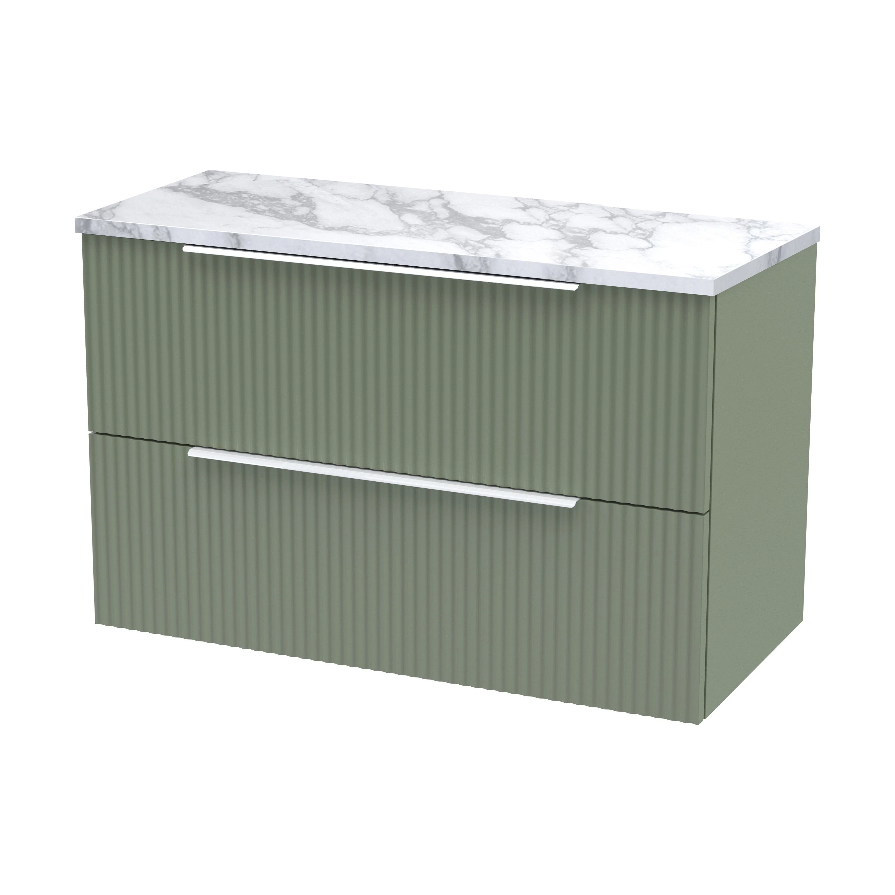 Tixall Fluted 2 Drawer Wall Hung Vanity Unit with Laminate Worktop, Satin Green, 800mm