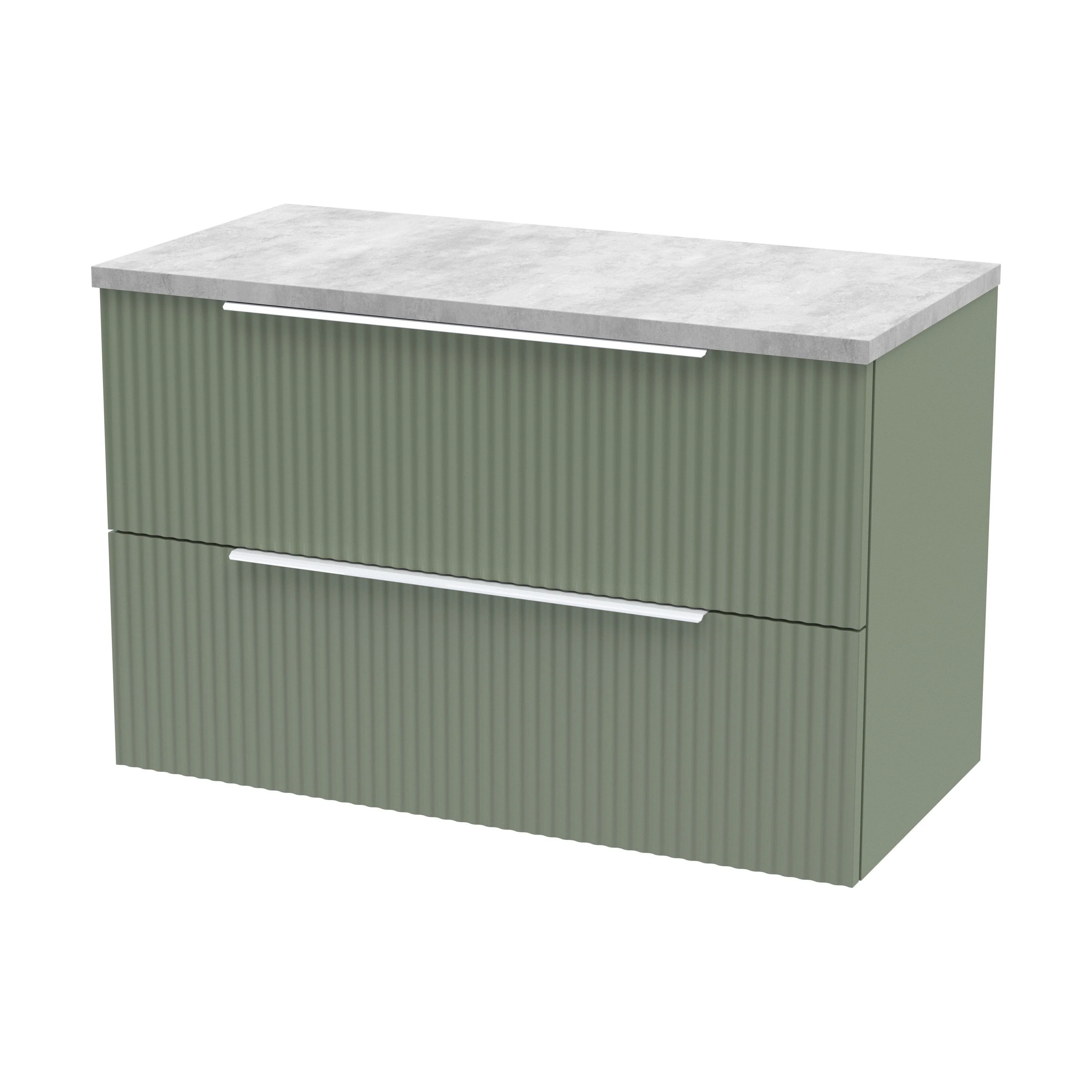 Tixall Fluted 2 Drawer Wall Hung Vanity Unit with Laminate Worktop, Satin Green, 800mm
