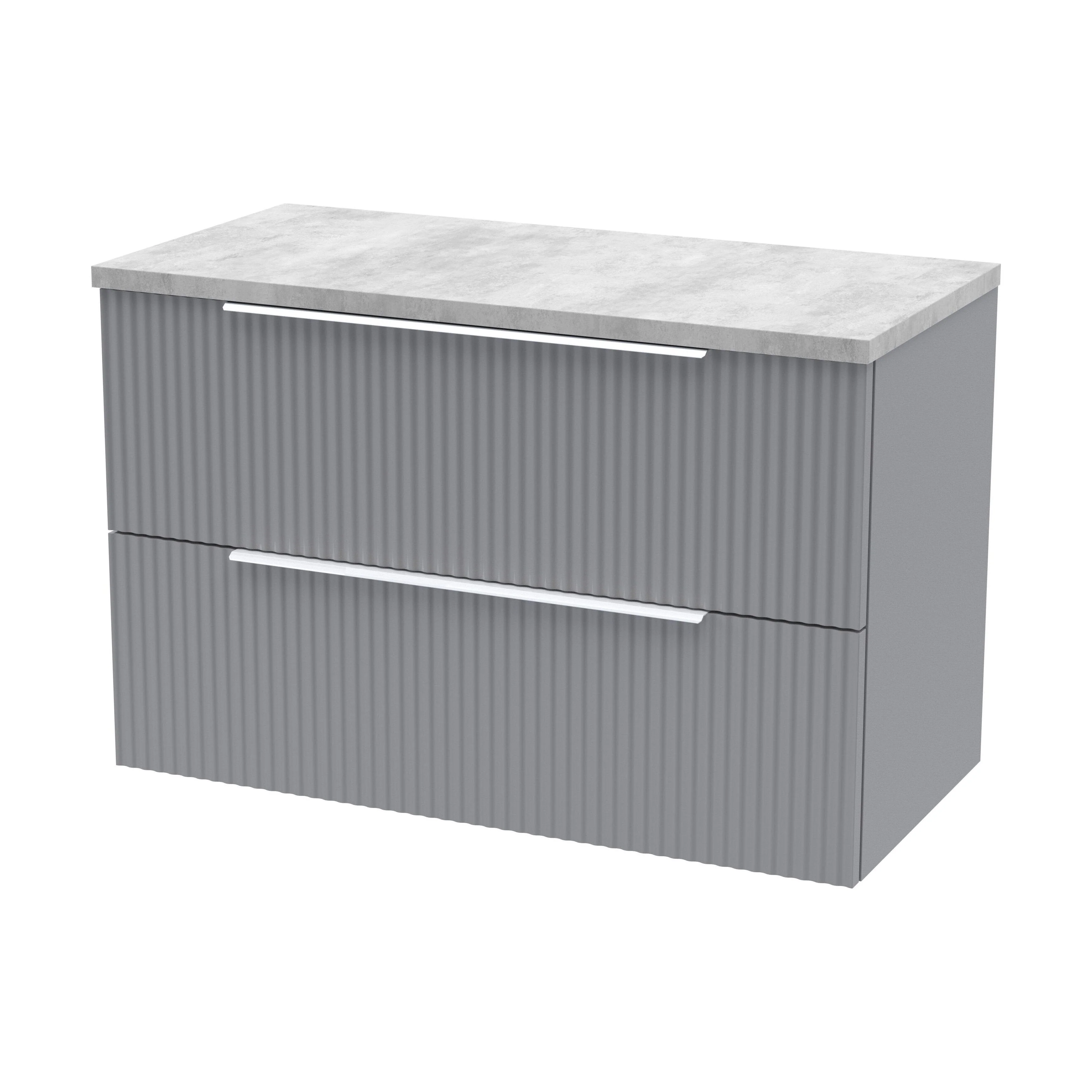 Tixall Fluted 2 Drawer Wall Hung Vanity Unit with Laminate Worktop, Satin Grey, 800mm