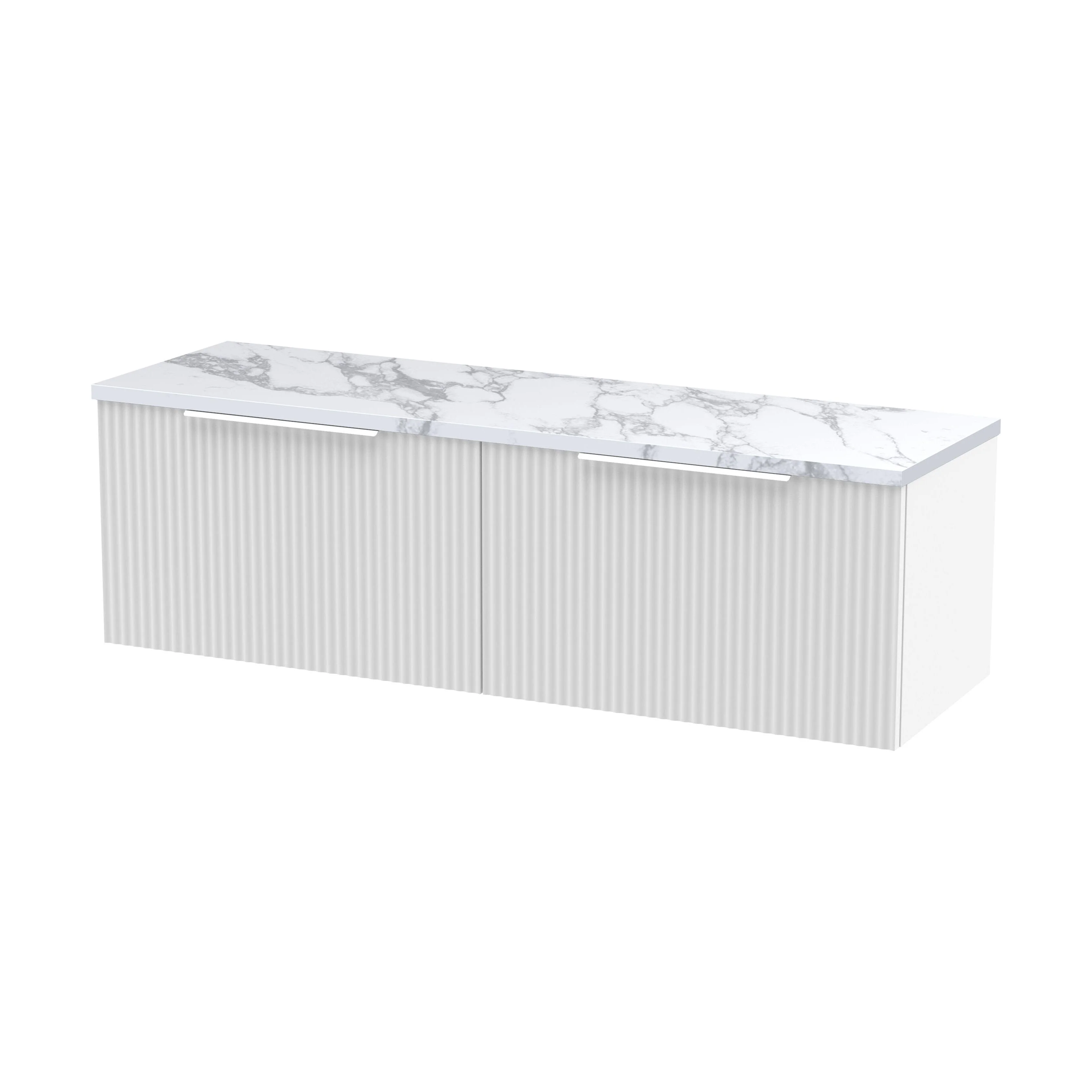 Tixall Fluted 2 Drawer Wall Hung Vanity Unit with Laminate Worktop, Satin White, 1200mm