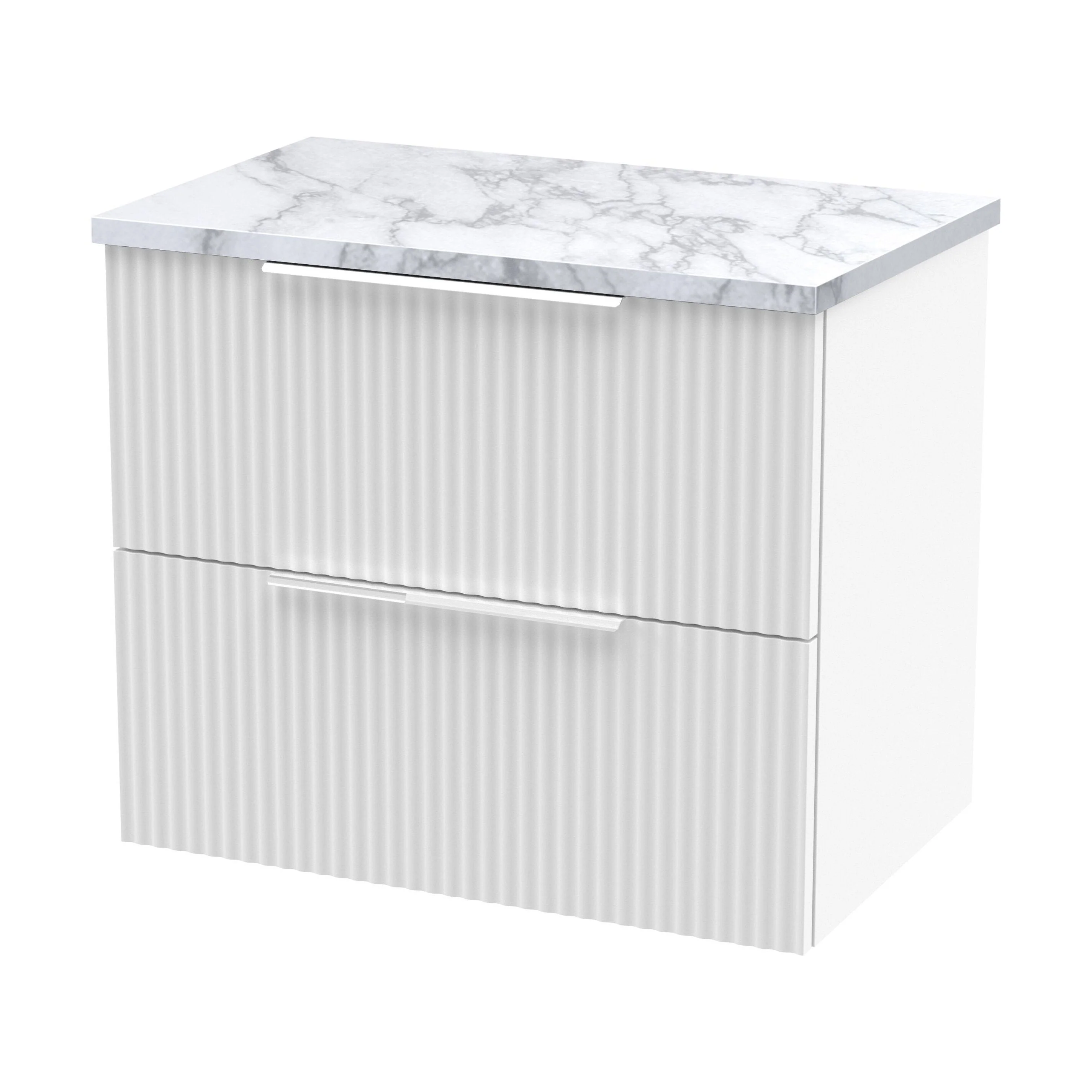 Tixall Fluted 2 Drawer Wall Hung Vanity Unit with Laminate Worktop, Satin White, 600mm