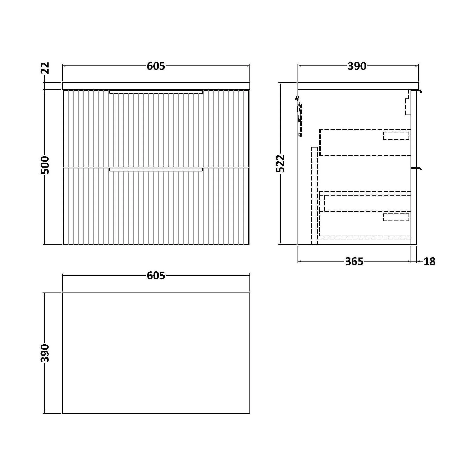 Tixall Fluted 2 Drawer Wall Hung Vanity Unit with Laminate Worktop, Satin White, 600mm - Image 2