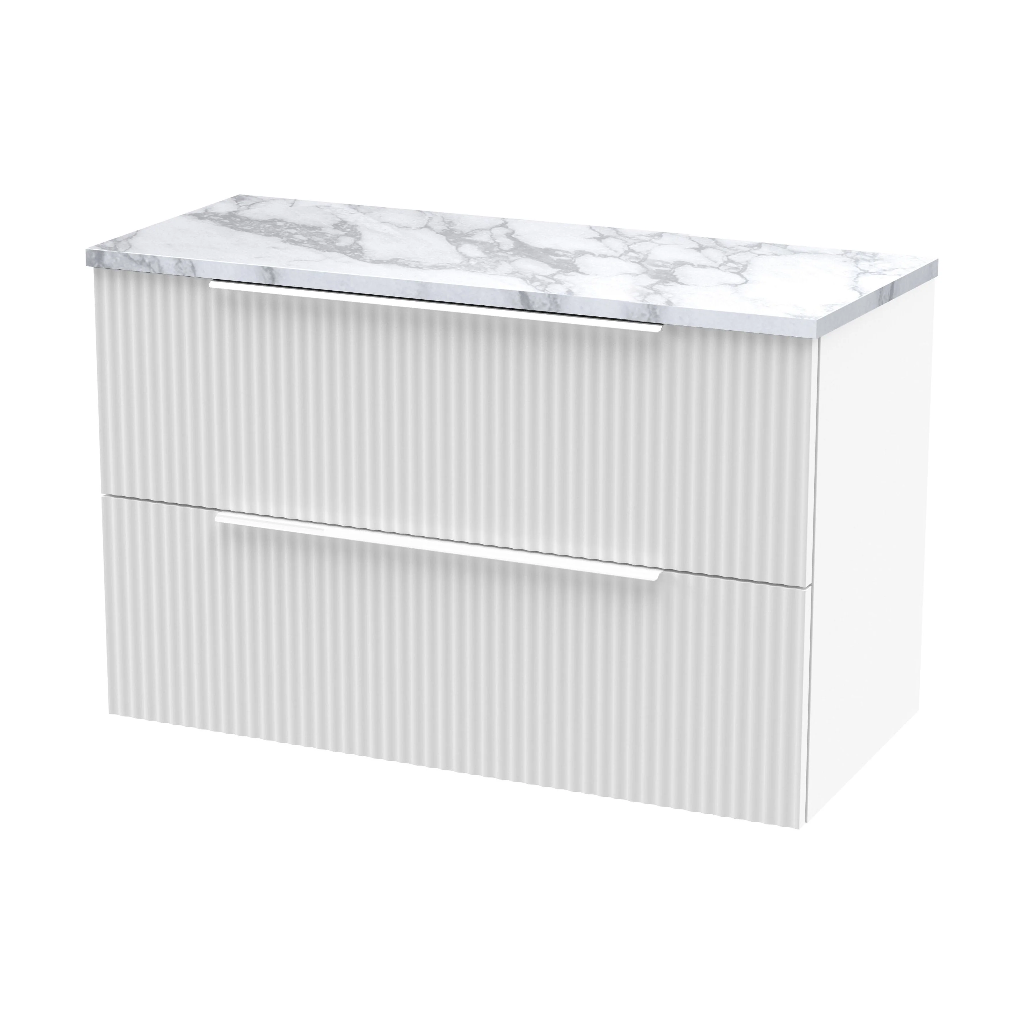 Tixall Fluted 2 Drawer Wall Hung Vanity Unit with Laminate Worktop, Satin White, 800mm