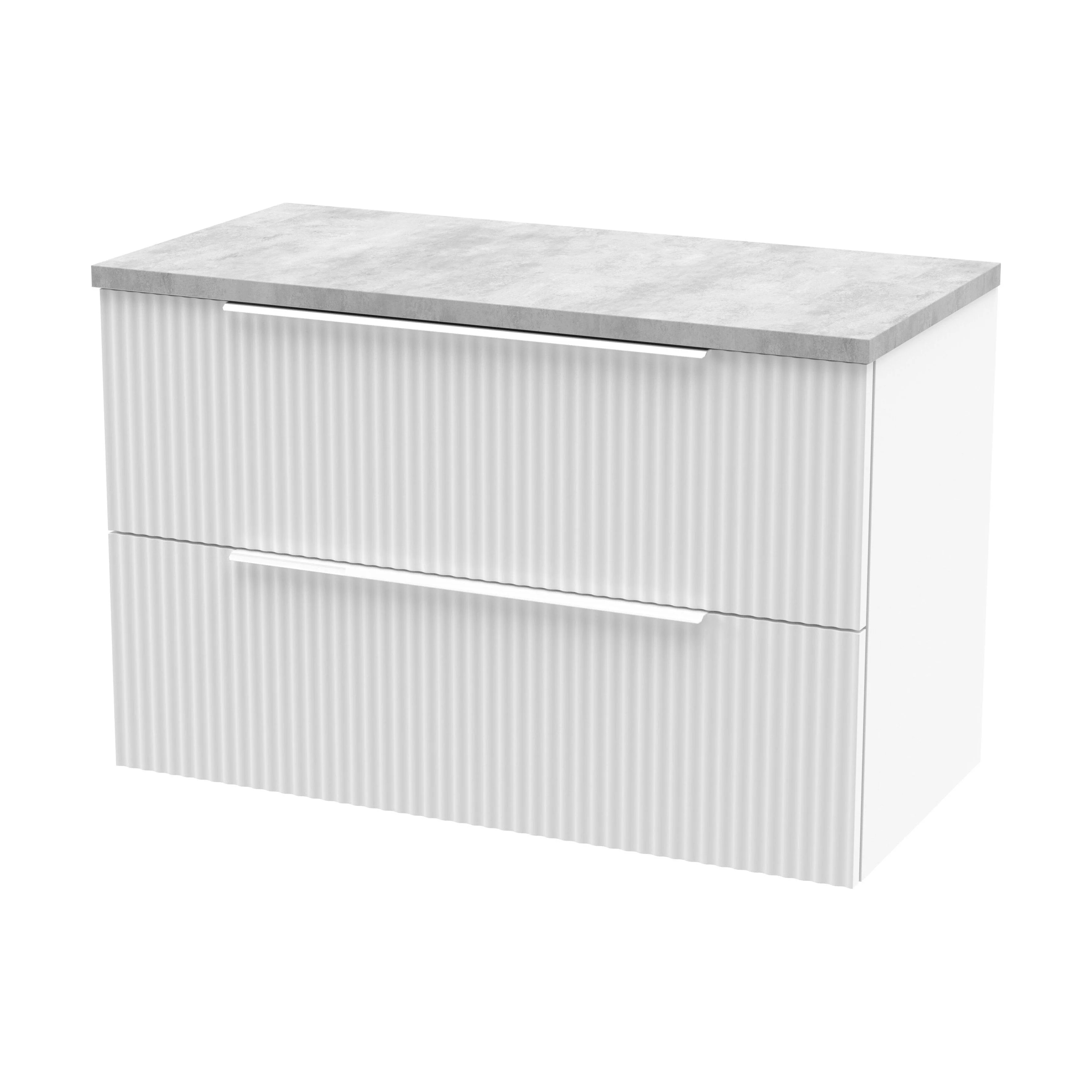 Tixall Fluted 2 Drawer Wall Hung Vanity Unit with Laminate Worktop, Satin White, 800mm