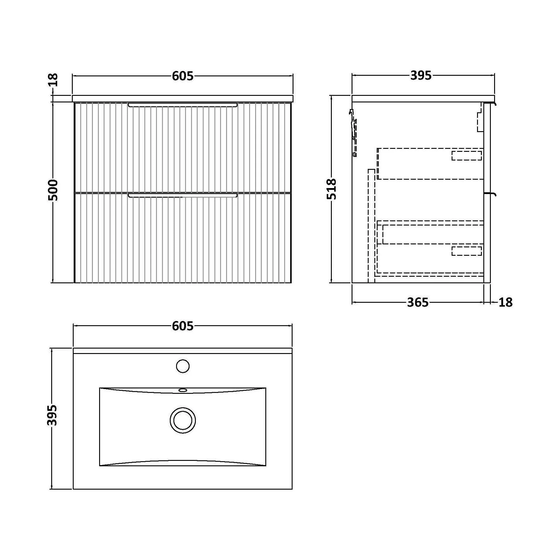 Tixall Fluted 2 Drawer Wall Hung Vanity Unit with Minimalist Basin, Dark Grey, 600mm - Image 2