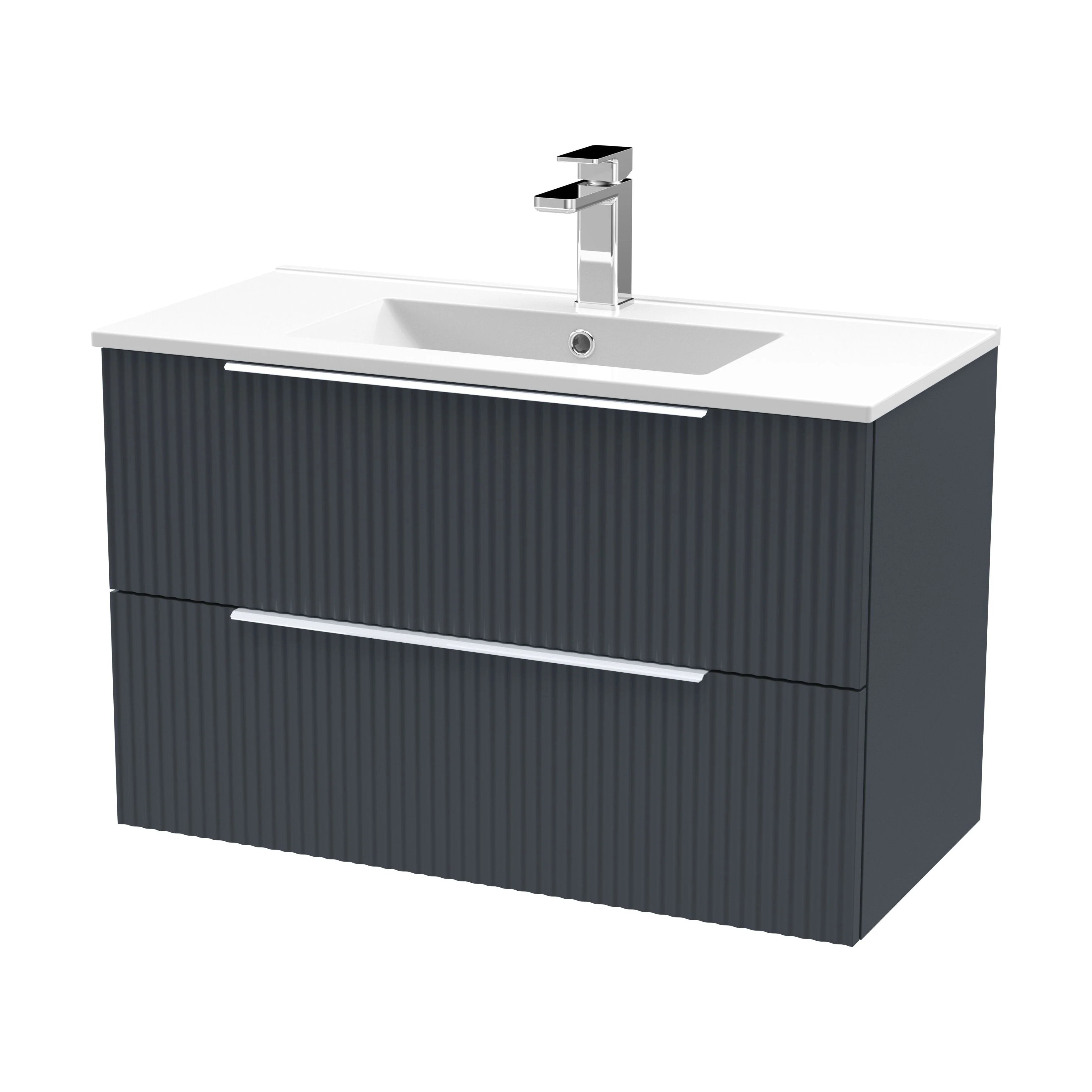 Tixall Fluted 2 Drawer Wall Hung Vanity Unit with Minimalist Basin, Dark Grey, 800mm