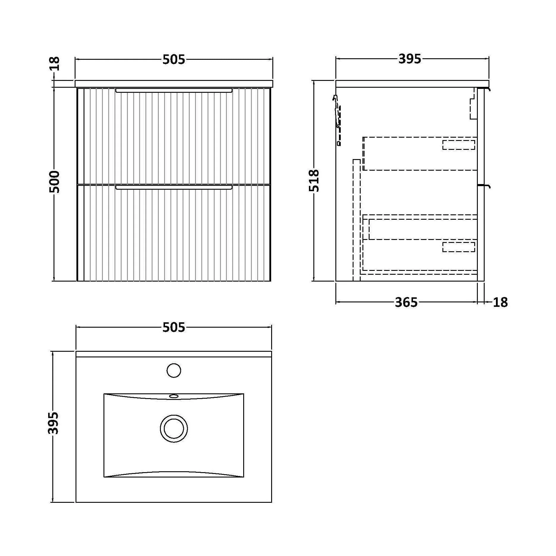 Tixall Fluted 2 Drawer Wall Hung Vanity Unit with Minimalist Basin, Satin Blue, 500mm - Image 2