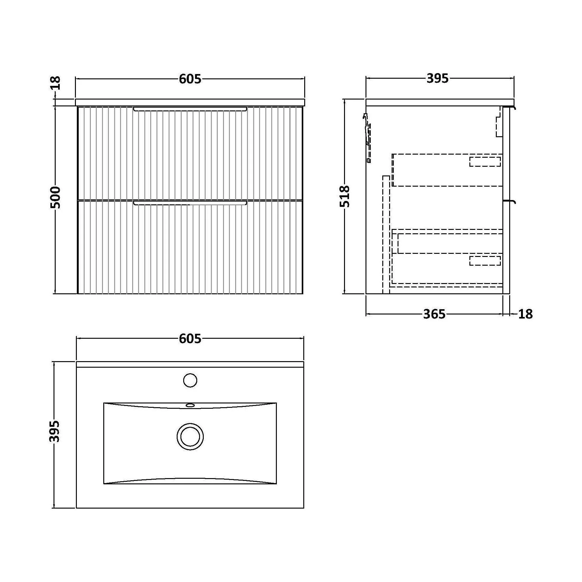 Tixall Fluted 2 Drawer Wall Hung Vanity Unit with Minimalist Basin, Satin Blue, 600mm - Image 2