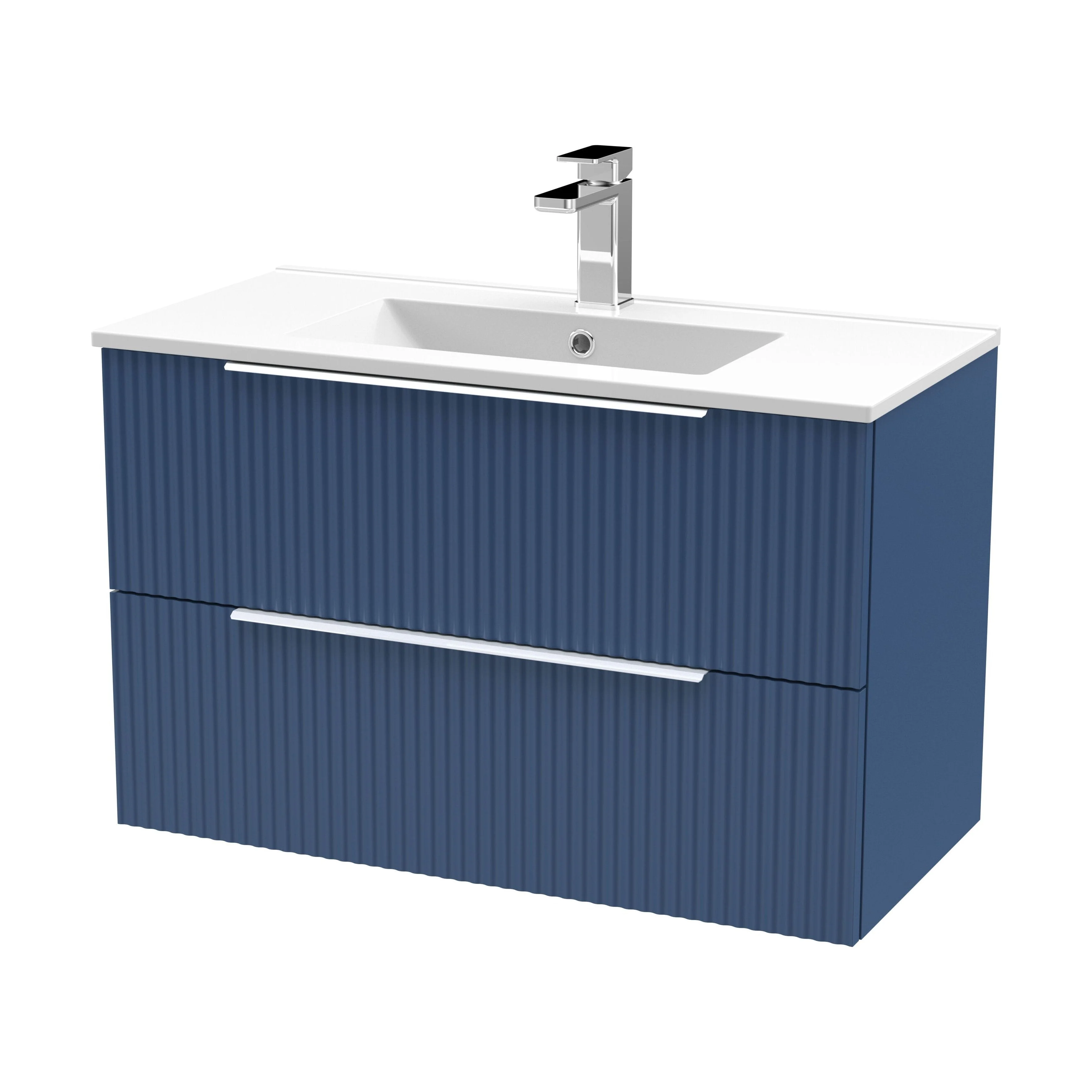 Tixall Fluted 2 Drawer Wall Hung Vanity Unit with Minimalist Basin, Satin Blue, 800mm