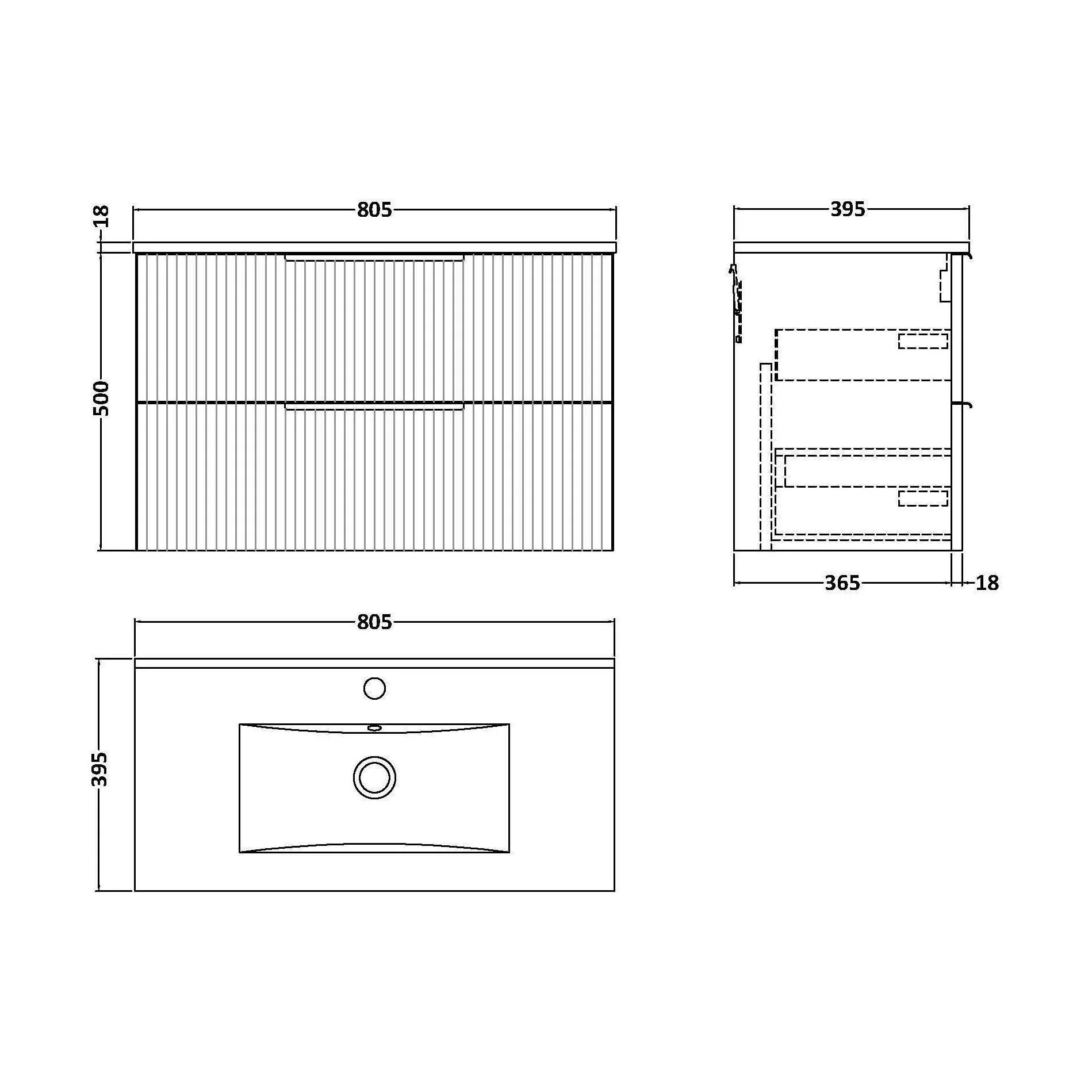Tixall Fluted 2 Drawer Wall Hung Vanity Unit with Minimalist Basin, Satin Blue, 800mm - Image 2