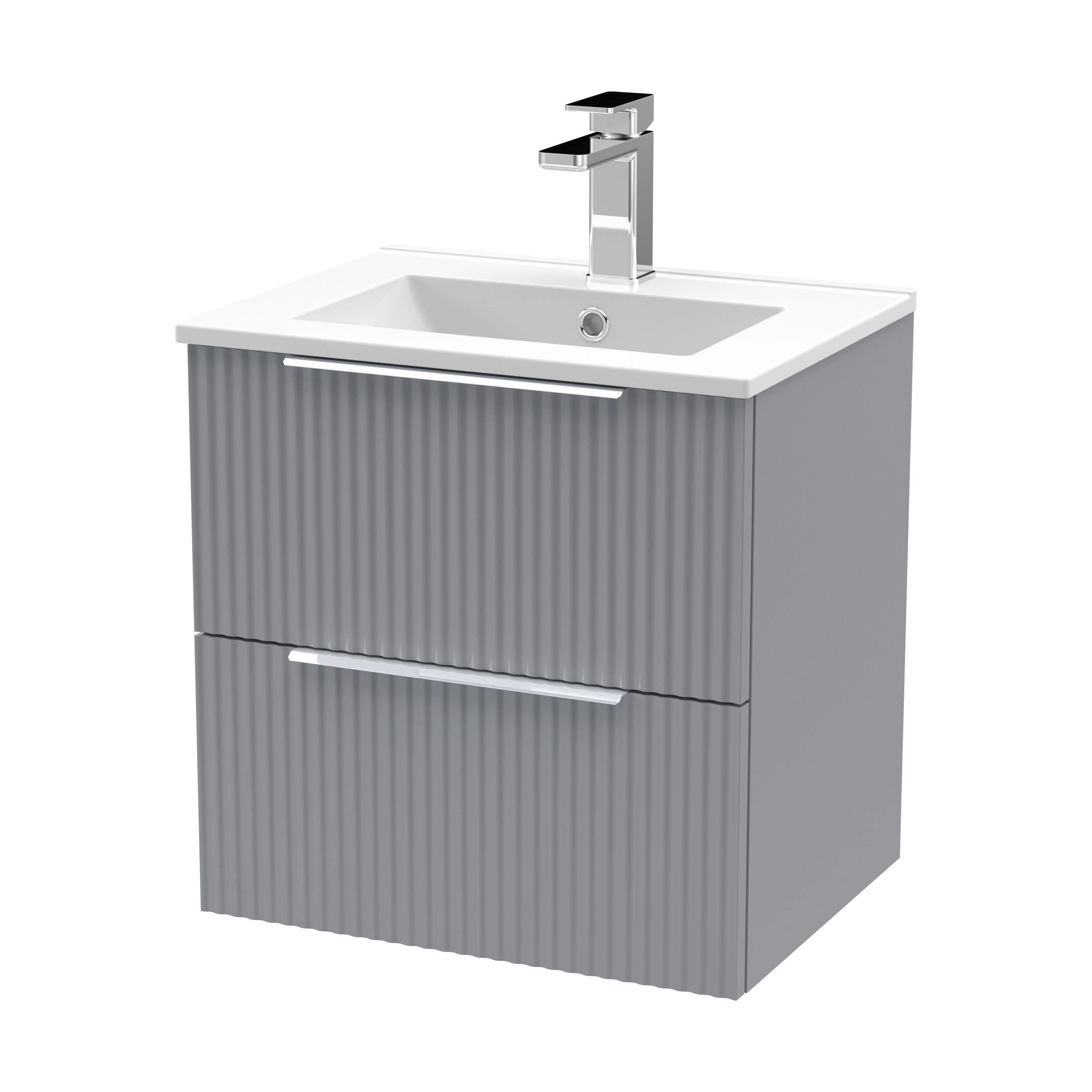 Tixall Fluted 2 Drawer Wall Hung Vanity Unit with Minimalist Basin, Satin Grey, 500mm