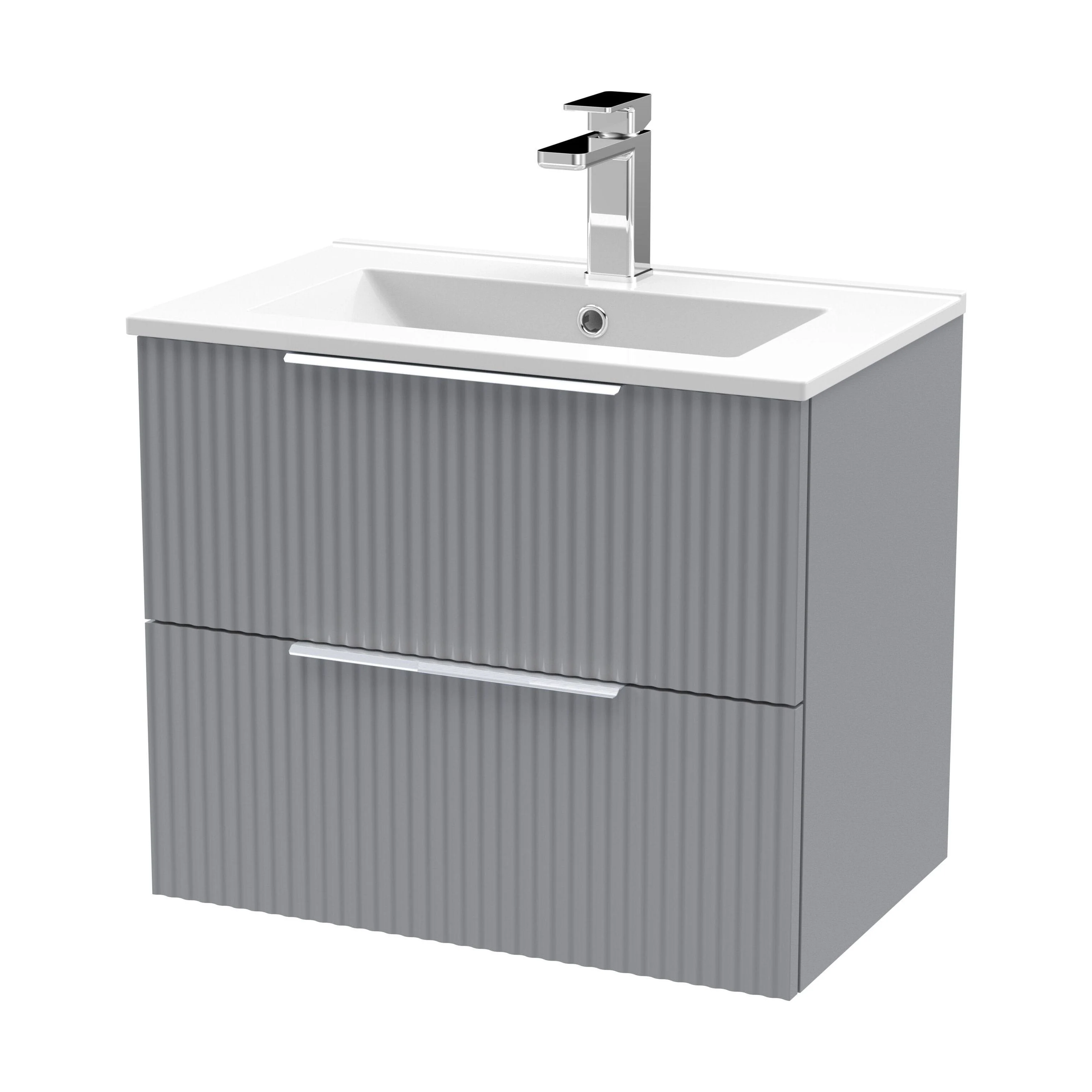 Tixall Fluted 2 Drawer Wall Hung Vanity Unit with Minimalist Basin, Satin Grey, 600mm