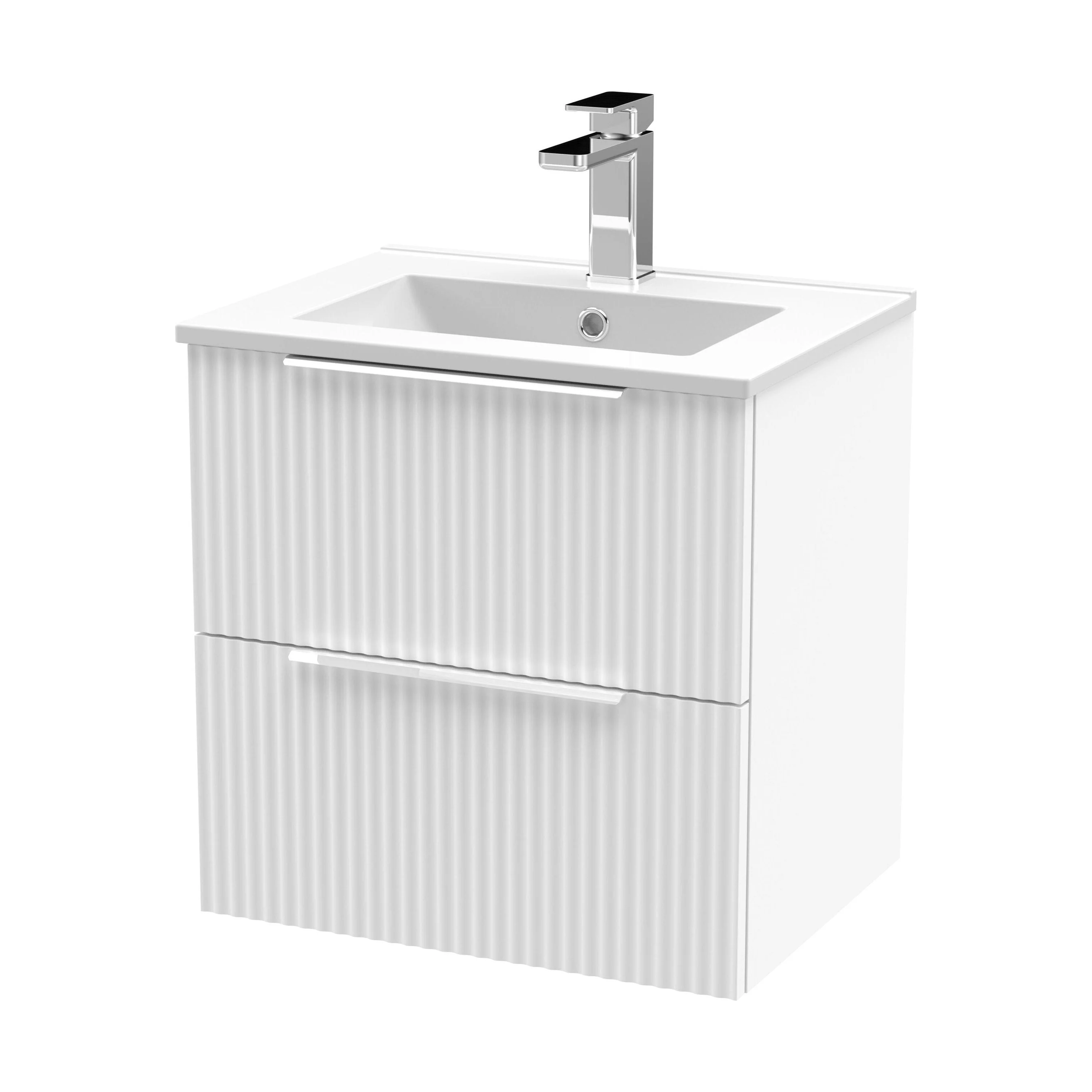 Tixall Fluted 2 Drawer Wall Hung Vanity Unit with Minimalist Basin, Satin White, 500mm