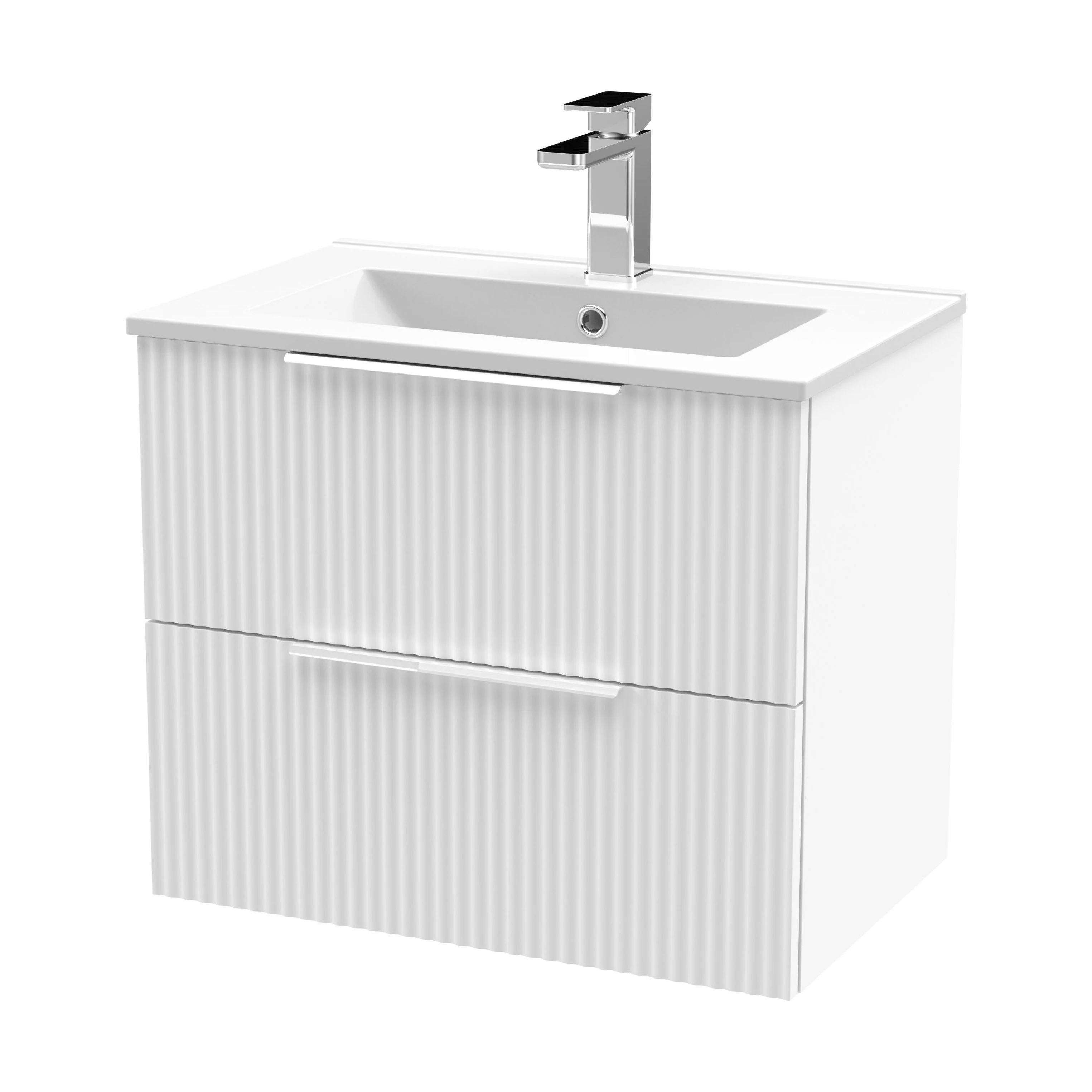 Tixall Fluted 2 Drawer Wall Hung Vanity Unit with Minimalist Basin, Satin White, 600mm