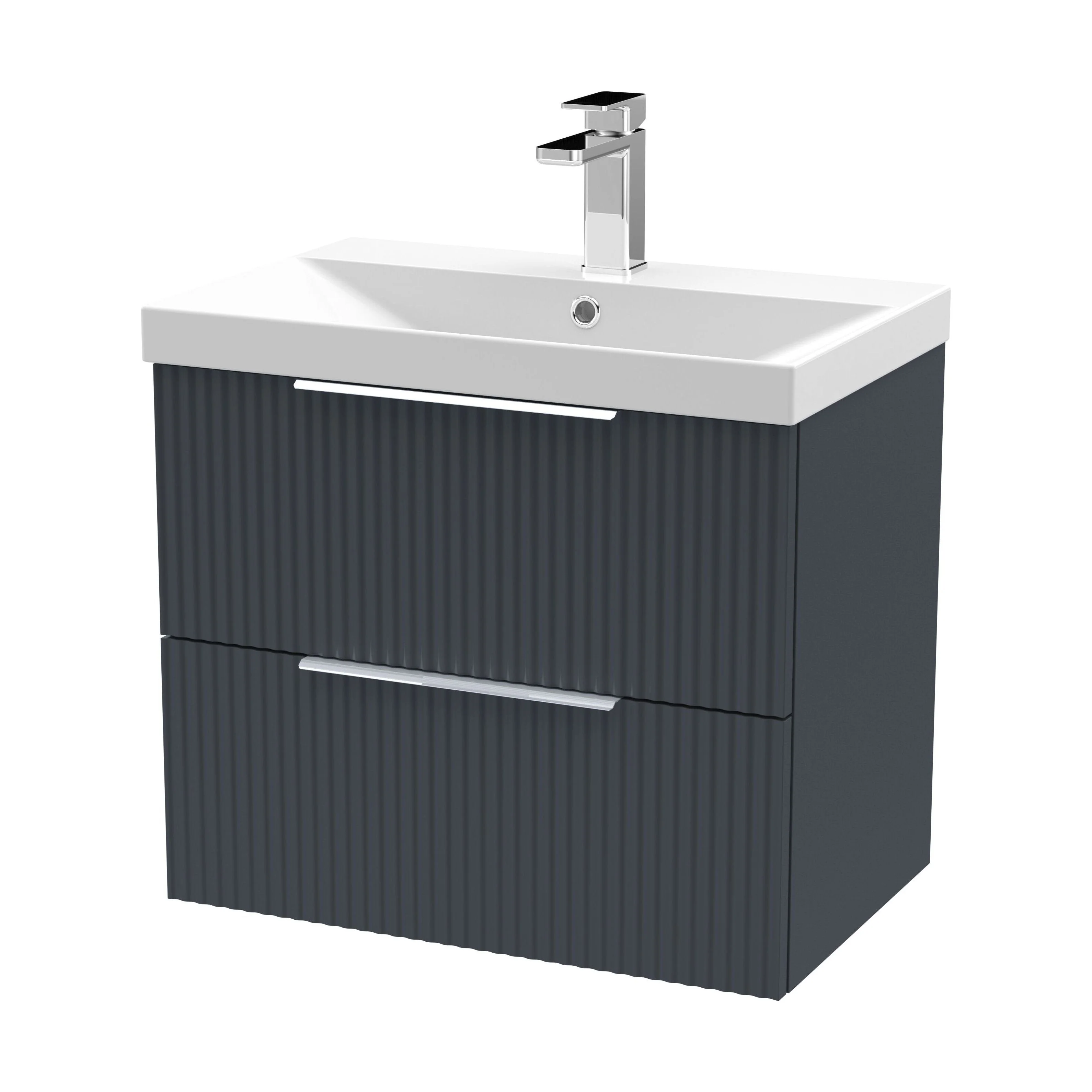 Tixall Fluted 2 Drawer Wall Hung Vanity Unit with Thin Edge Basin, Dark Grey, 600mm