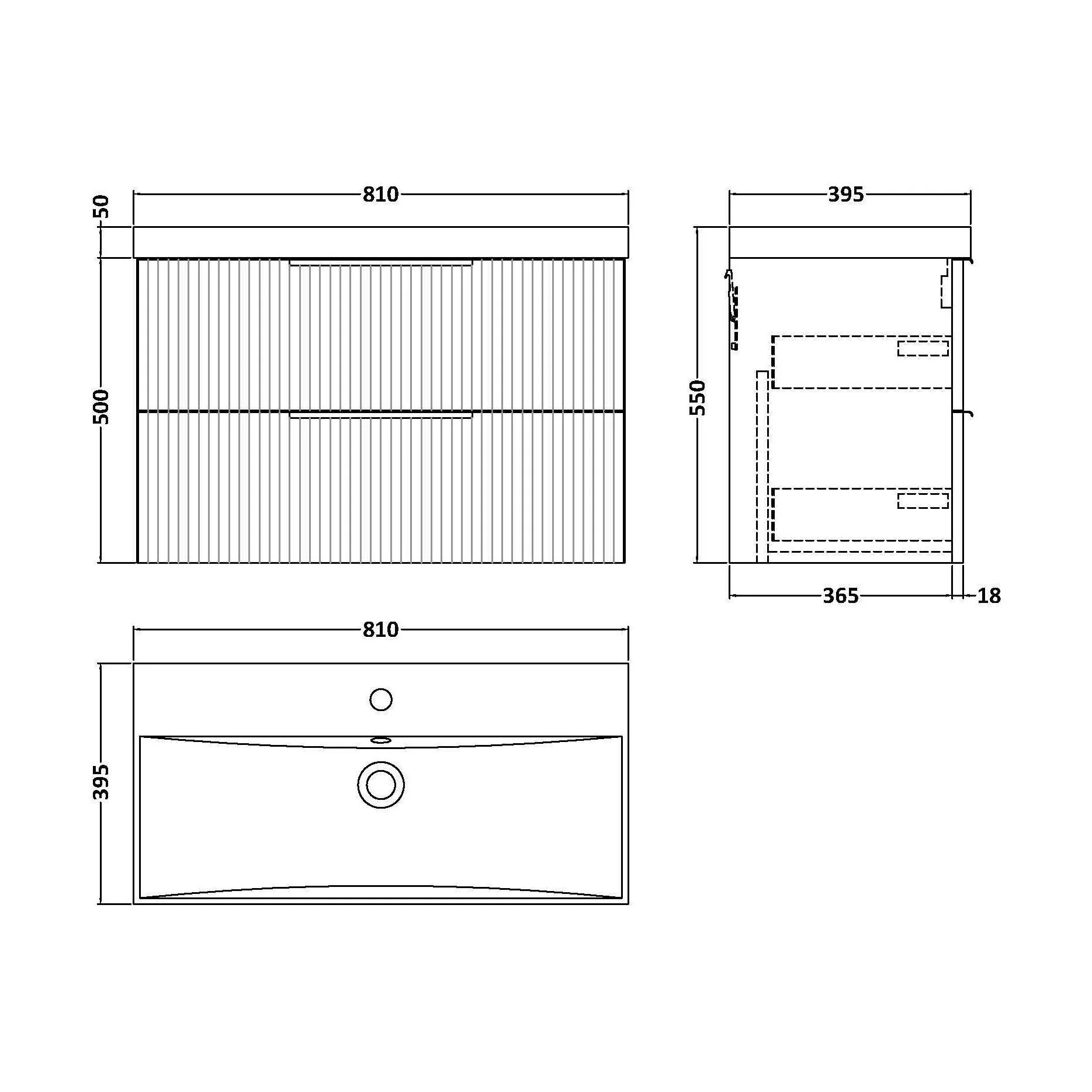 Tixall Fluted 2 Drawer Wall Hung Vanity Unit with Thin Edge Basin, Dark Grey, 800mm - Image 2