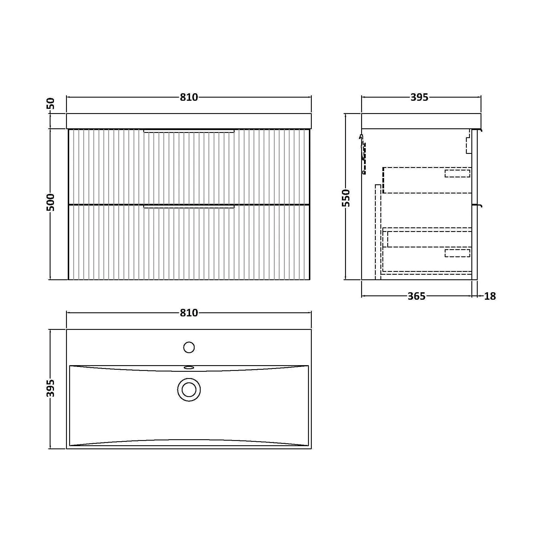 Tixall Fluted 2 Drawer Wall Hung Vanity Unit with Thin Edge Basin, Satin Blue, 800mm - Image 2