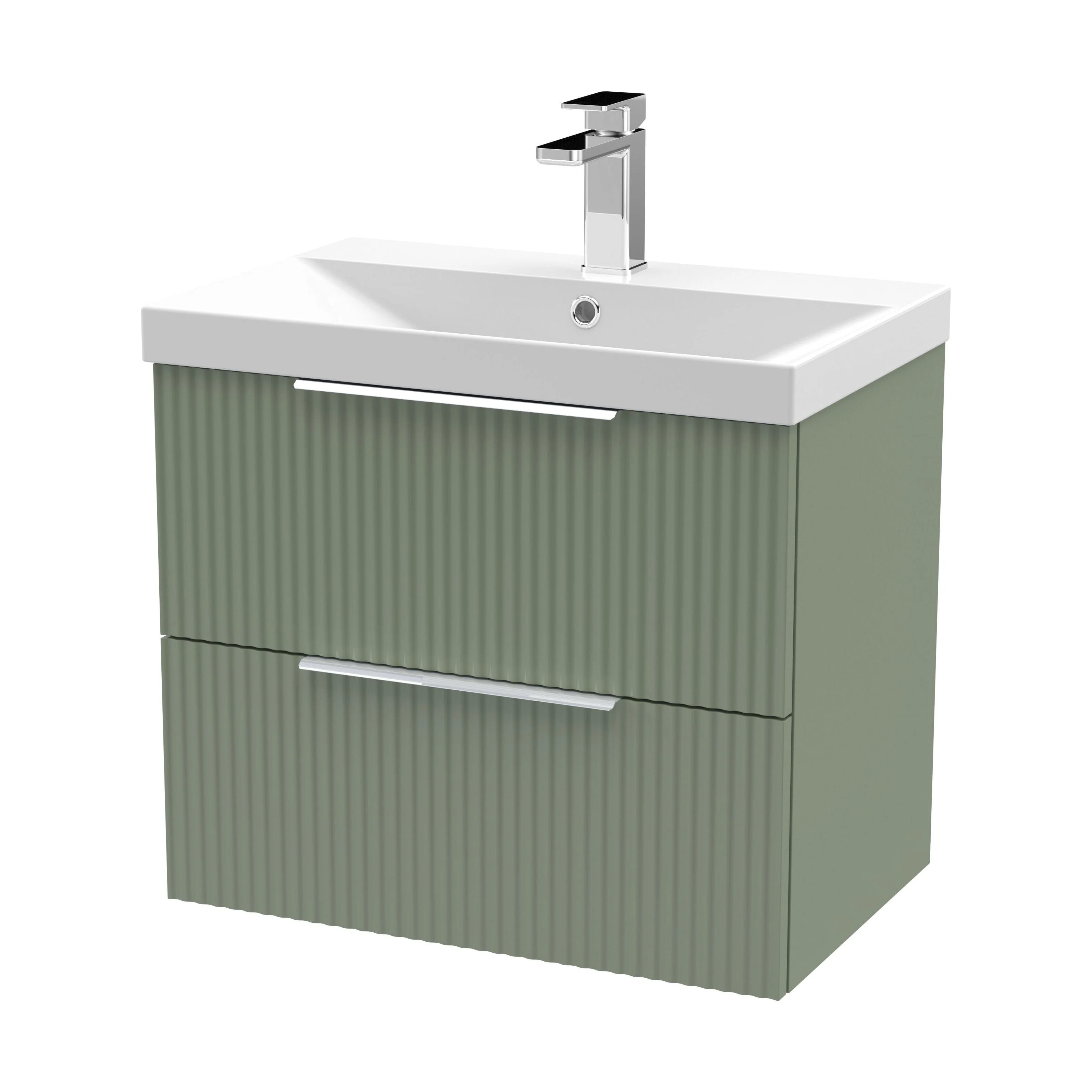 Tixall Fluted 2 Drawer Wall Hung Vanity Unit with Thin Edge Basin, Satin Green, 600mm